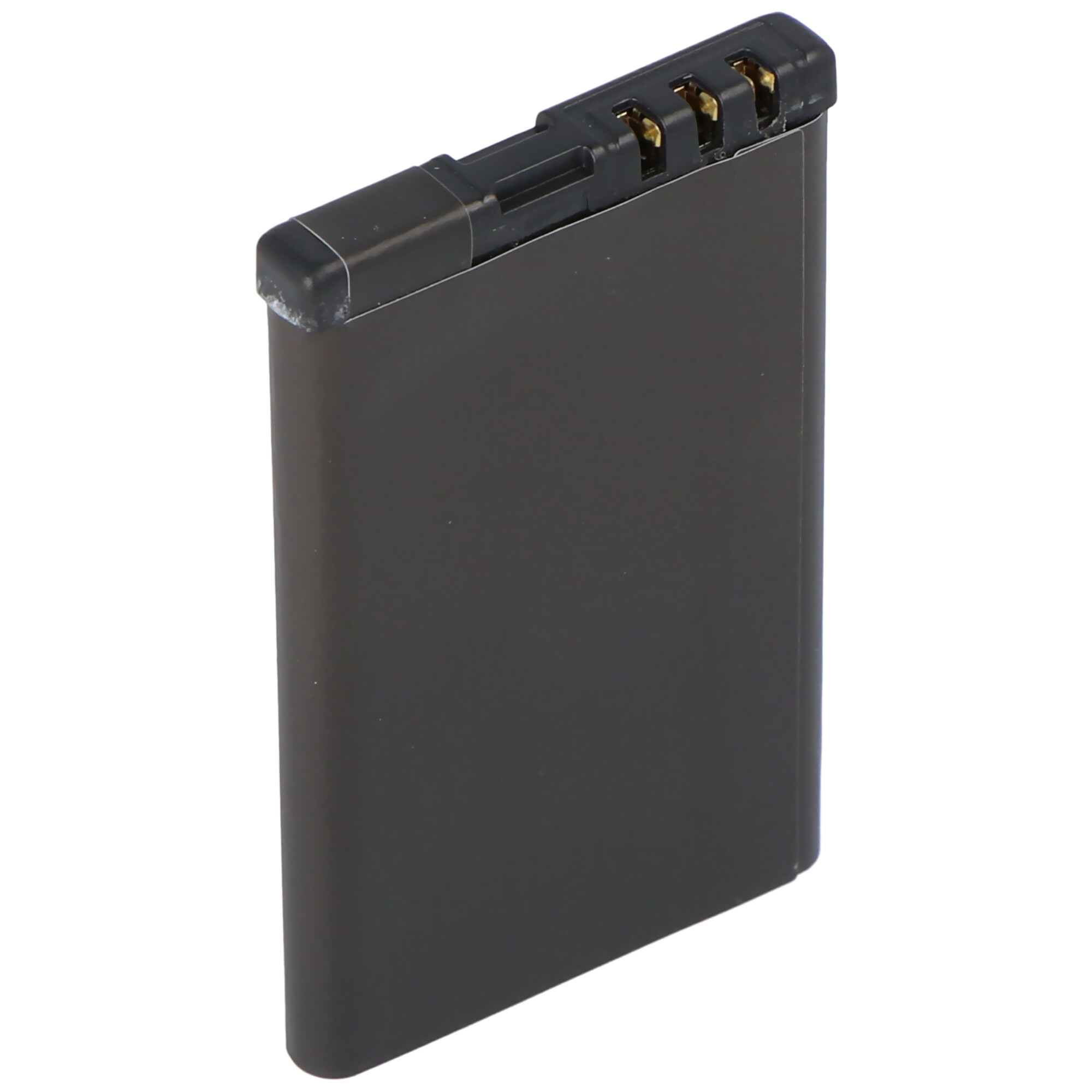 Schwarze rechteckige Batterie mit Kontakten oben. Weißer Hintergrund.
