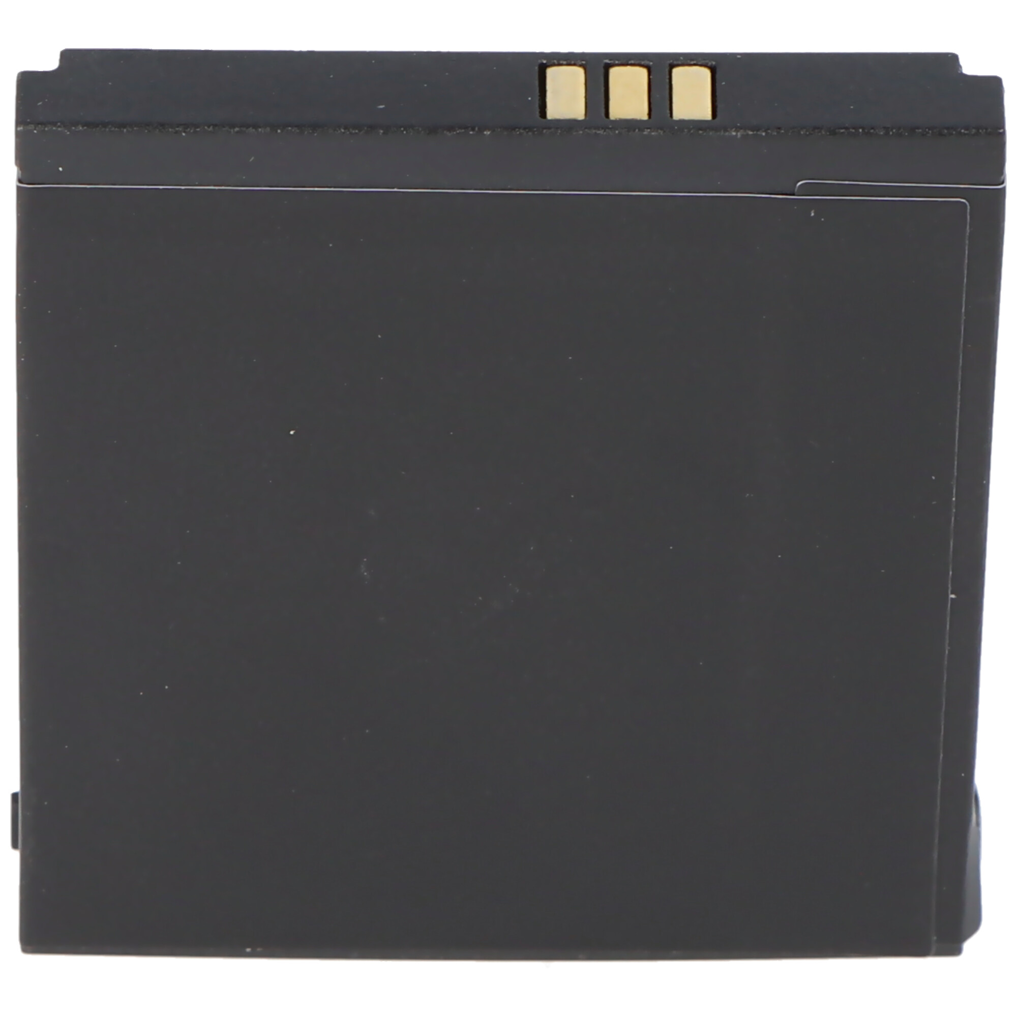 Schwarze Batterie mit drei Goldkontakten, weißer Hintergrund.