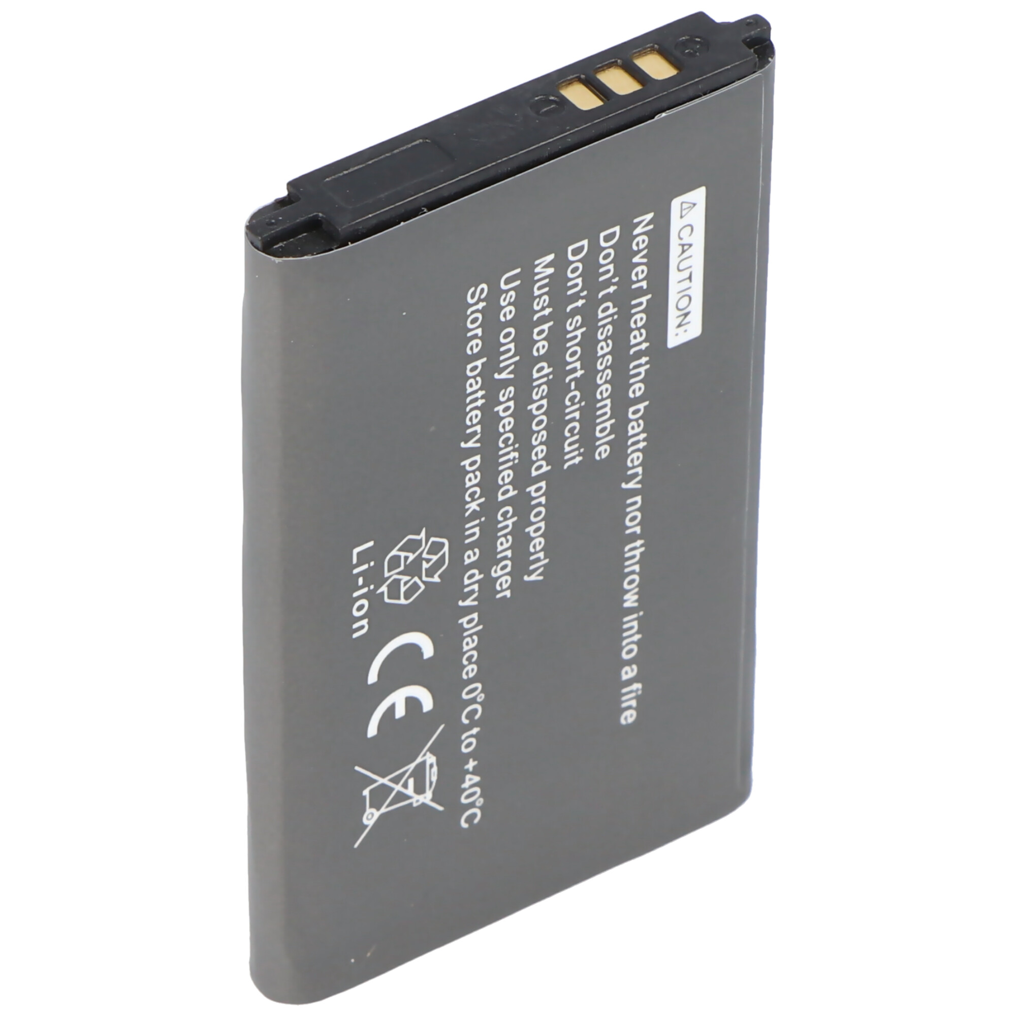 Graue rechteckige Batterie mit Warnhinweisen. Schwarzer Deckel, Text und Symbole sind sichtbar.