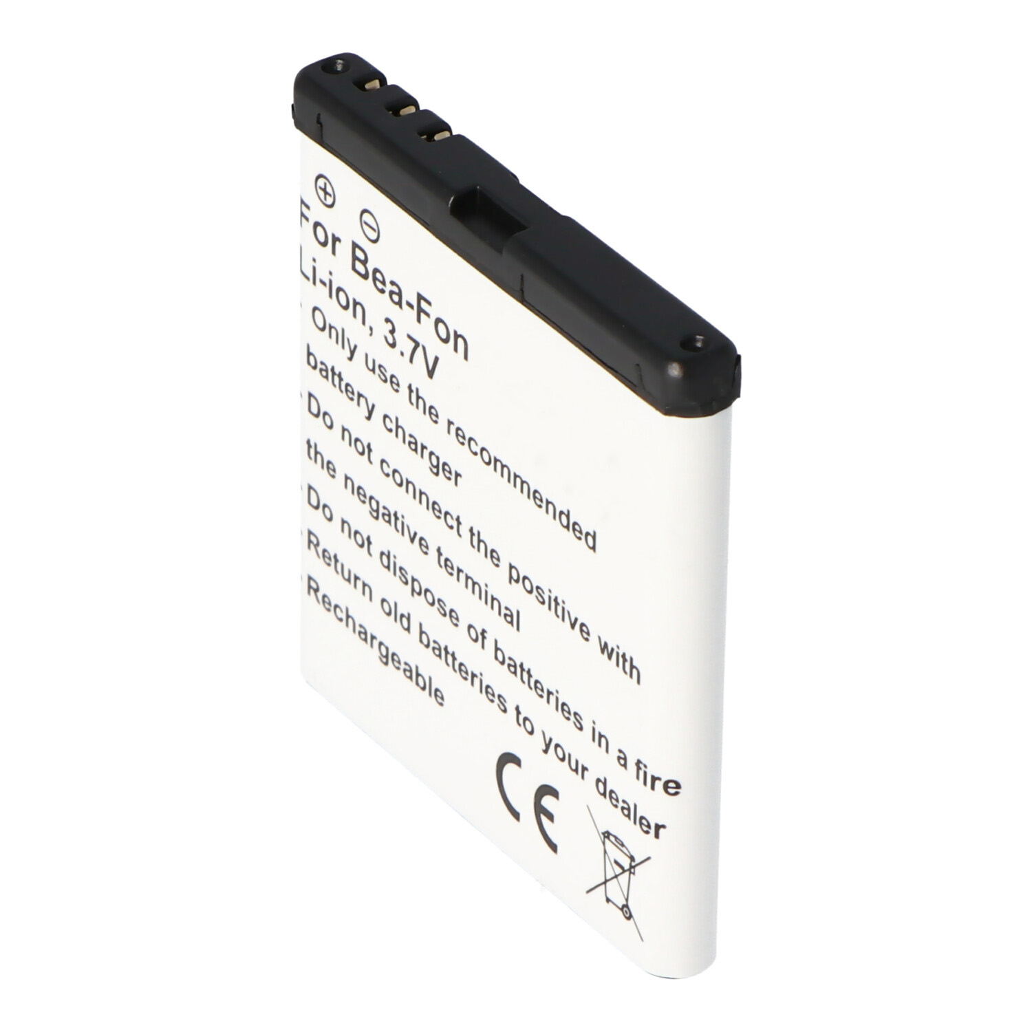 Ein weißer, rechteckiger Akku mit Text. Er hat eine schwarze Oberseite mit Anschluss und sagt 'For Bea-Fon Li-ion 3.7V'.