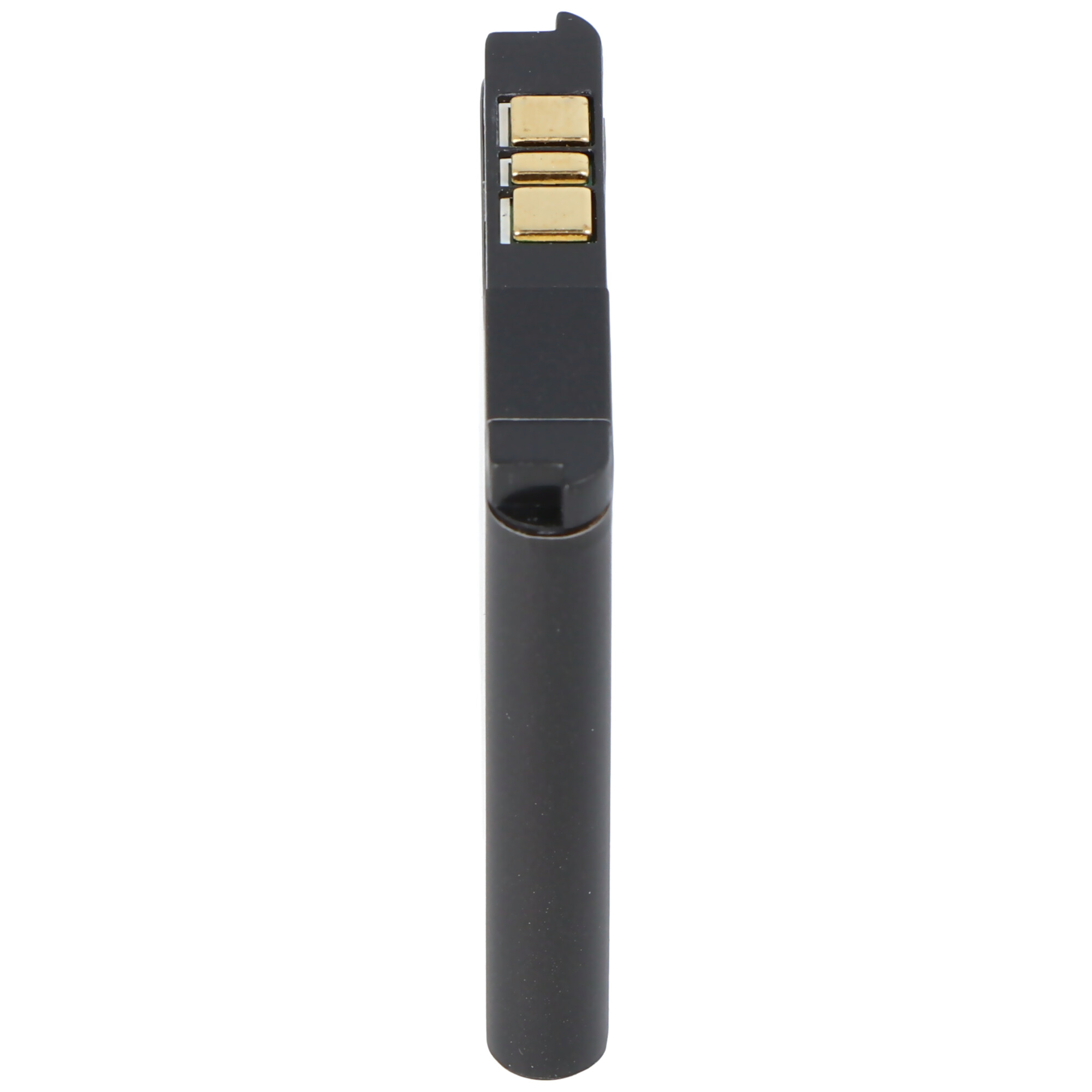 Batteria nera con tre contatti dorati in cima.
