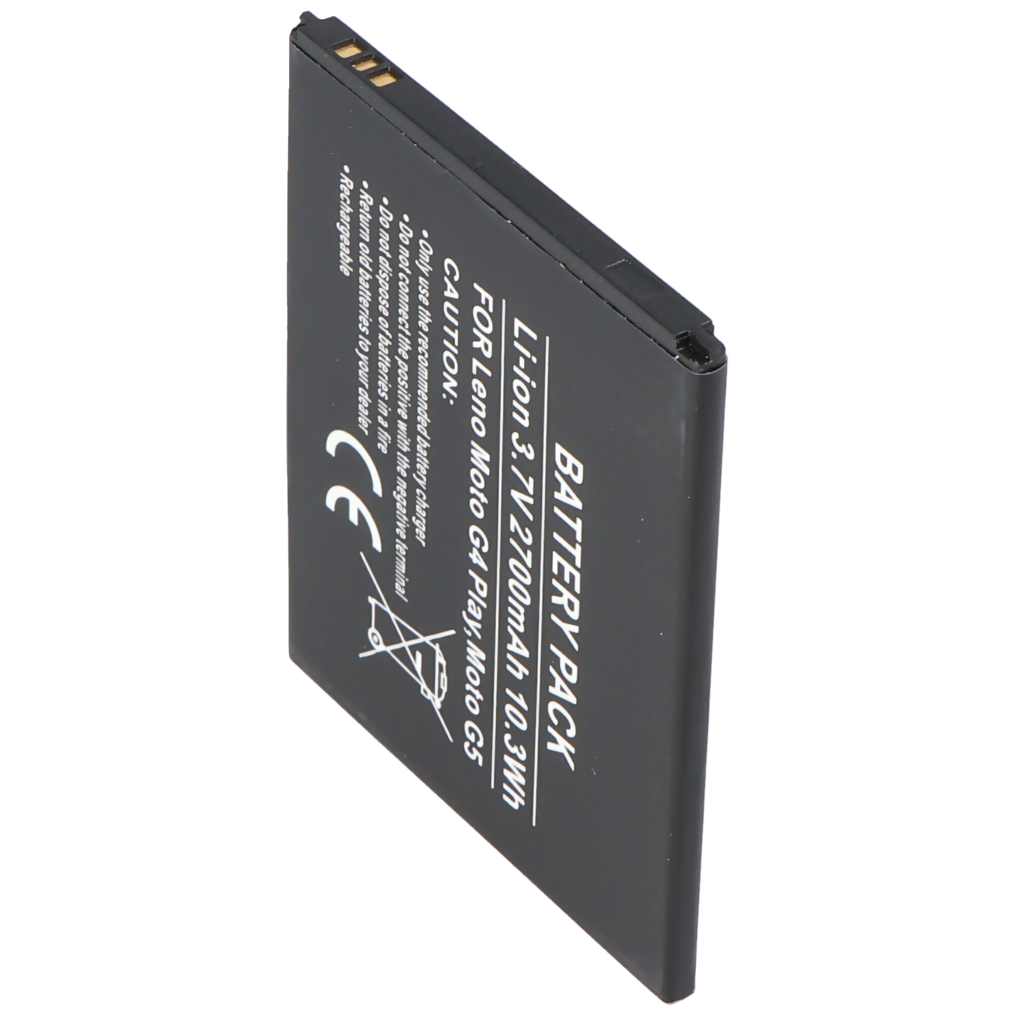Ein schwarzes rechteckiges Akku für ein Moto G4 Play. Text enthält Batteriespezifikationen und Warnungen.