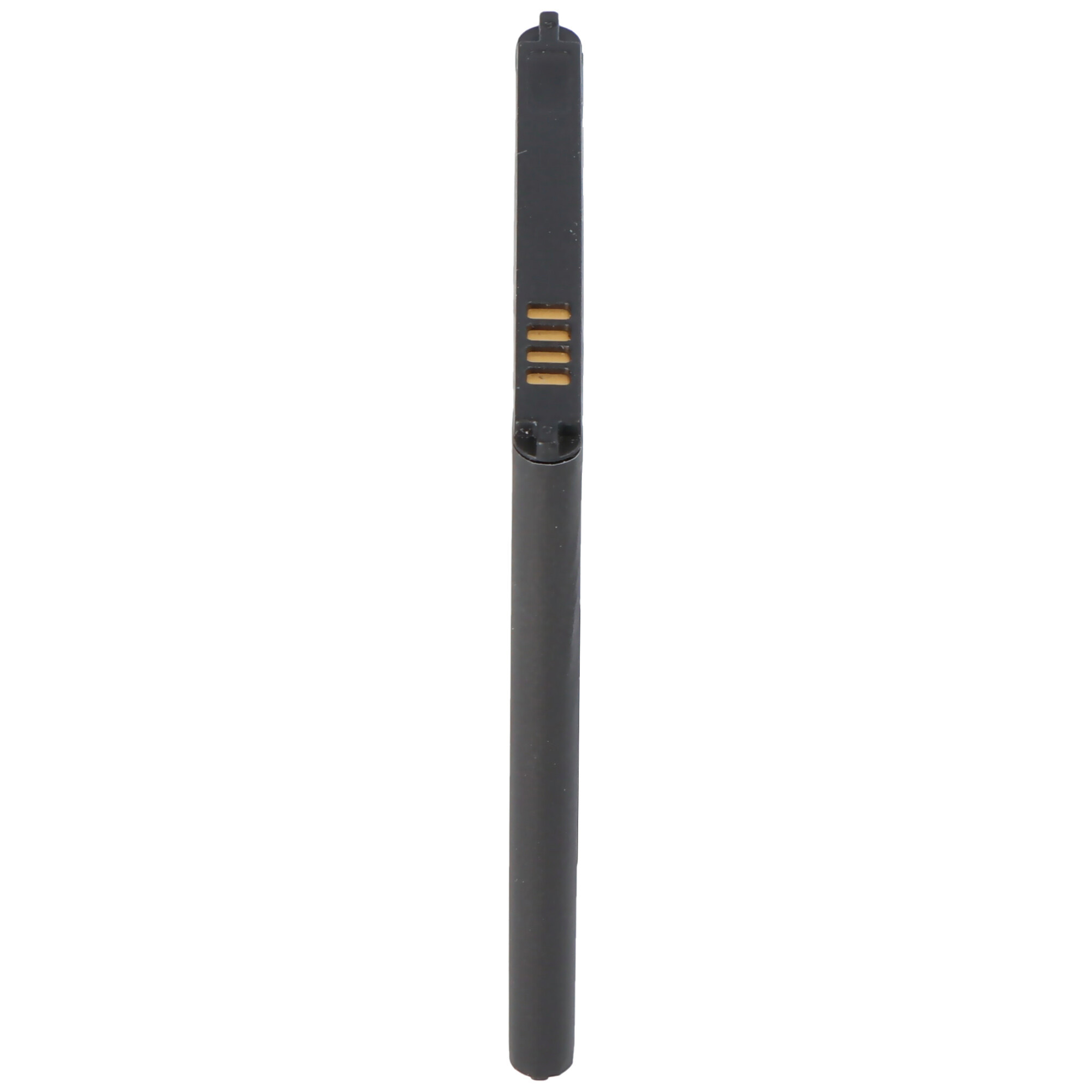 Eine schwarze stiftförmige Batterie für ein Vape auf weißem Hintergrund. Die Oberseite hat Kontakte.