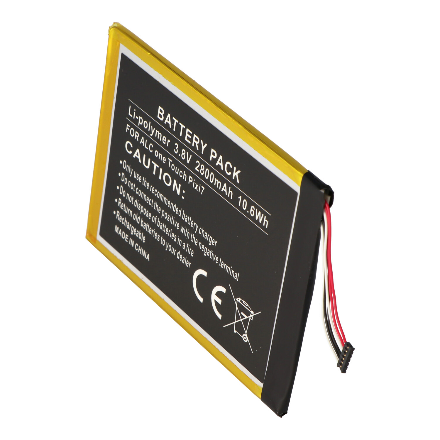 Ein schwarzes und gelbes Akku mit weißem Text und einem CE-Symbol. Es hat ein Warnschild.