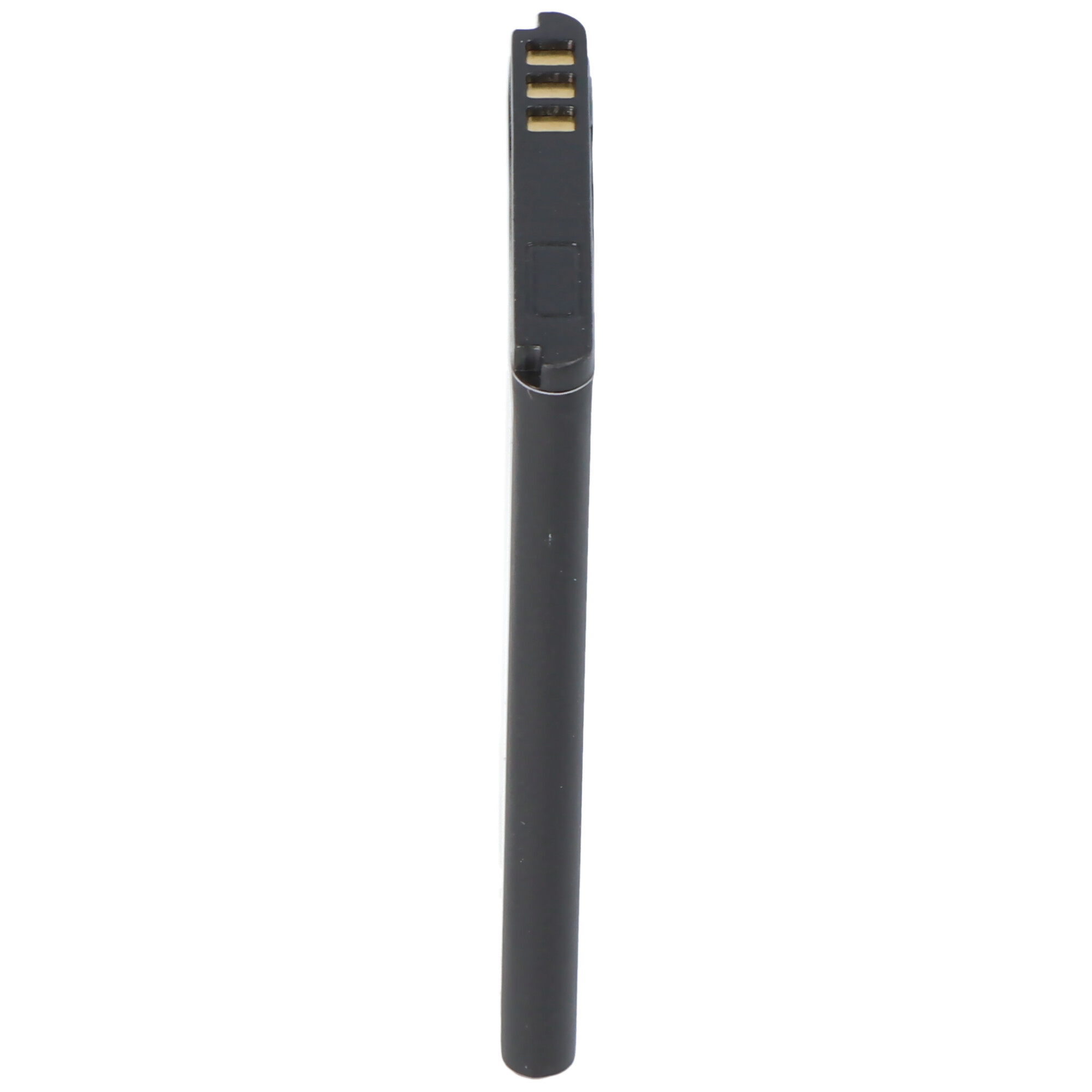 Schwarzer, zylindrischer Akku für ein elektronisches Gerät, mit drei goldenen Anschlüssen oben.