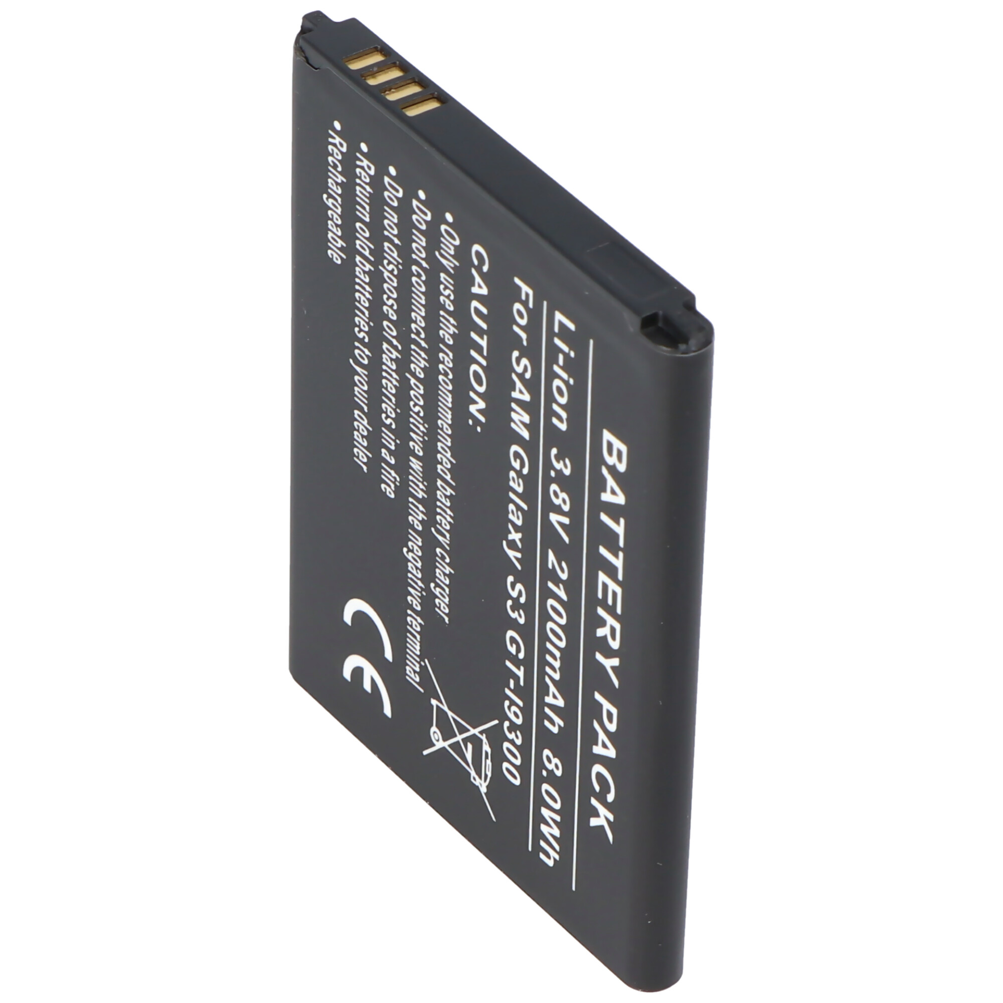 Schwarzer Akku für Samsung Galaxy S3, mit Warnhinweisen und CE-Zeichen, auf weißem Grund.