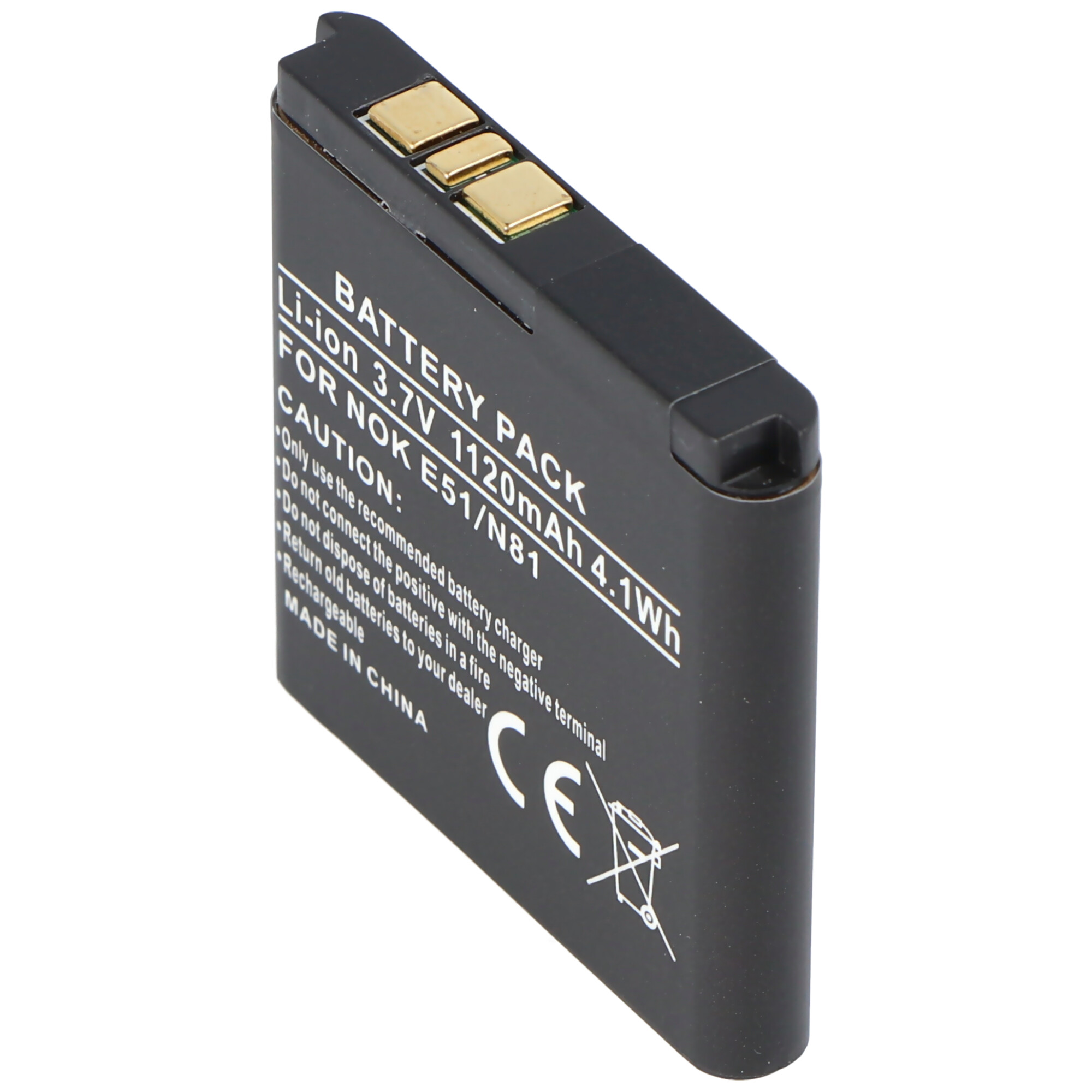 Batteria nera con contatti dorati e testo bianco.