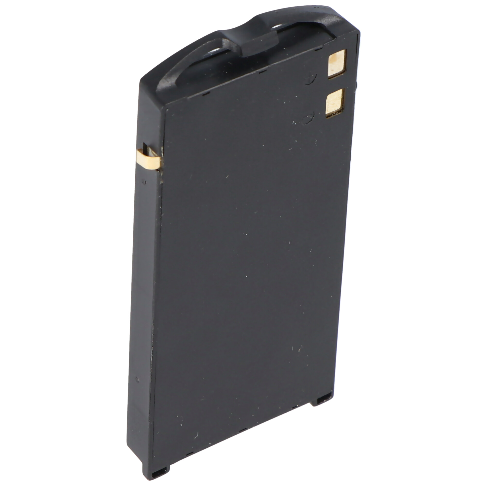 Zwarte rechthoekige batterij, met een handvat-achtig kenmerk aan de bovenkant. Gouden connector zichtbaar.