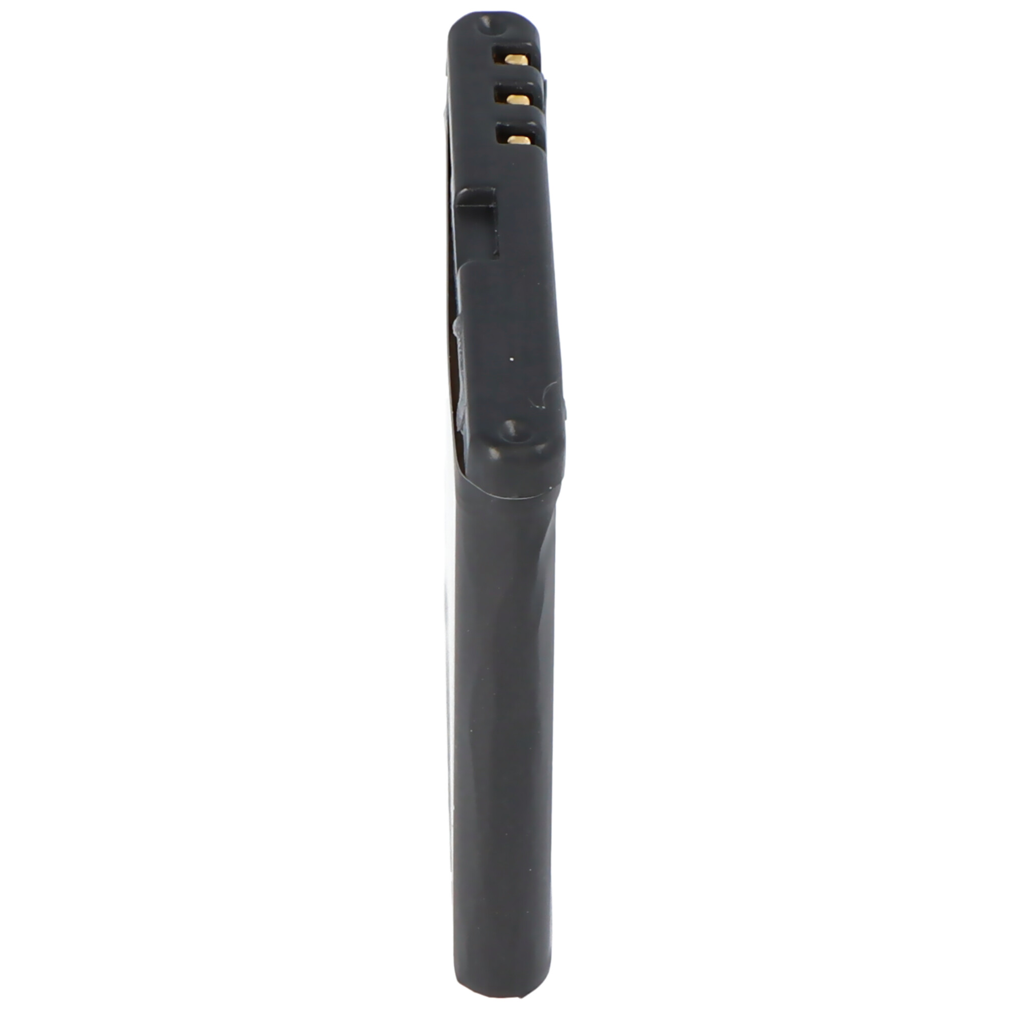 Schwarzer Stecker. Der Stecker ist schmal und hat Pins.