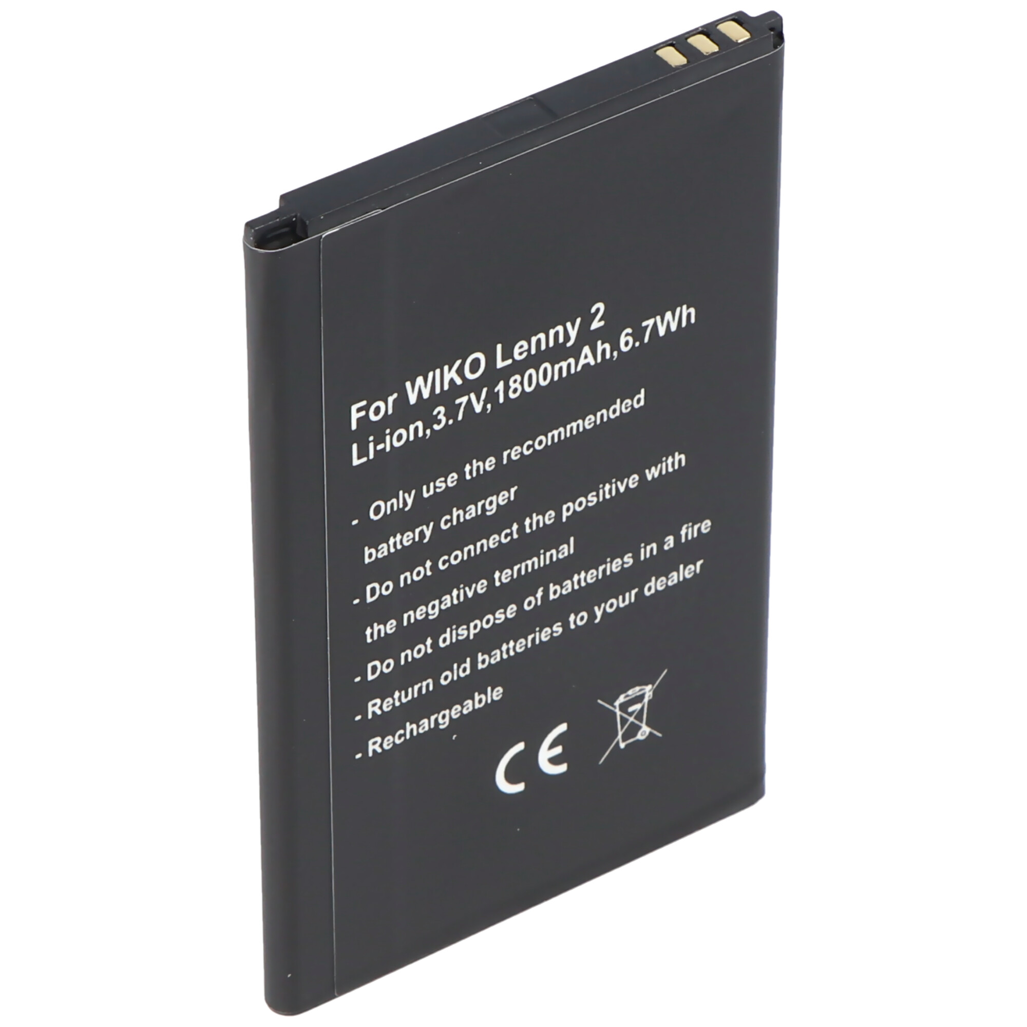 Schwarzer Akku für WIKO Lenny 2, 3,7V, 1800mAh mit CE-Zeichen.