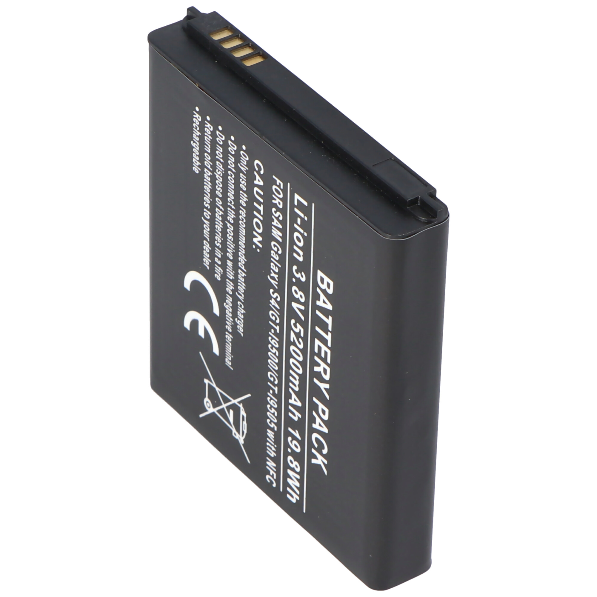 Schwarzer Akku für Samsung Galaxy S4, 5200mAh, mit Warnhinweisen.