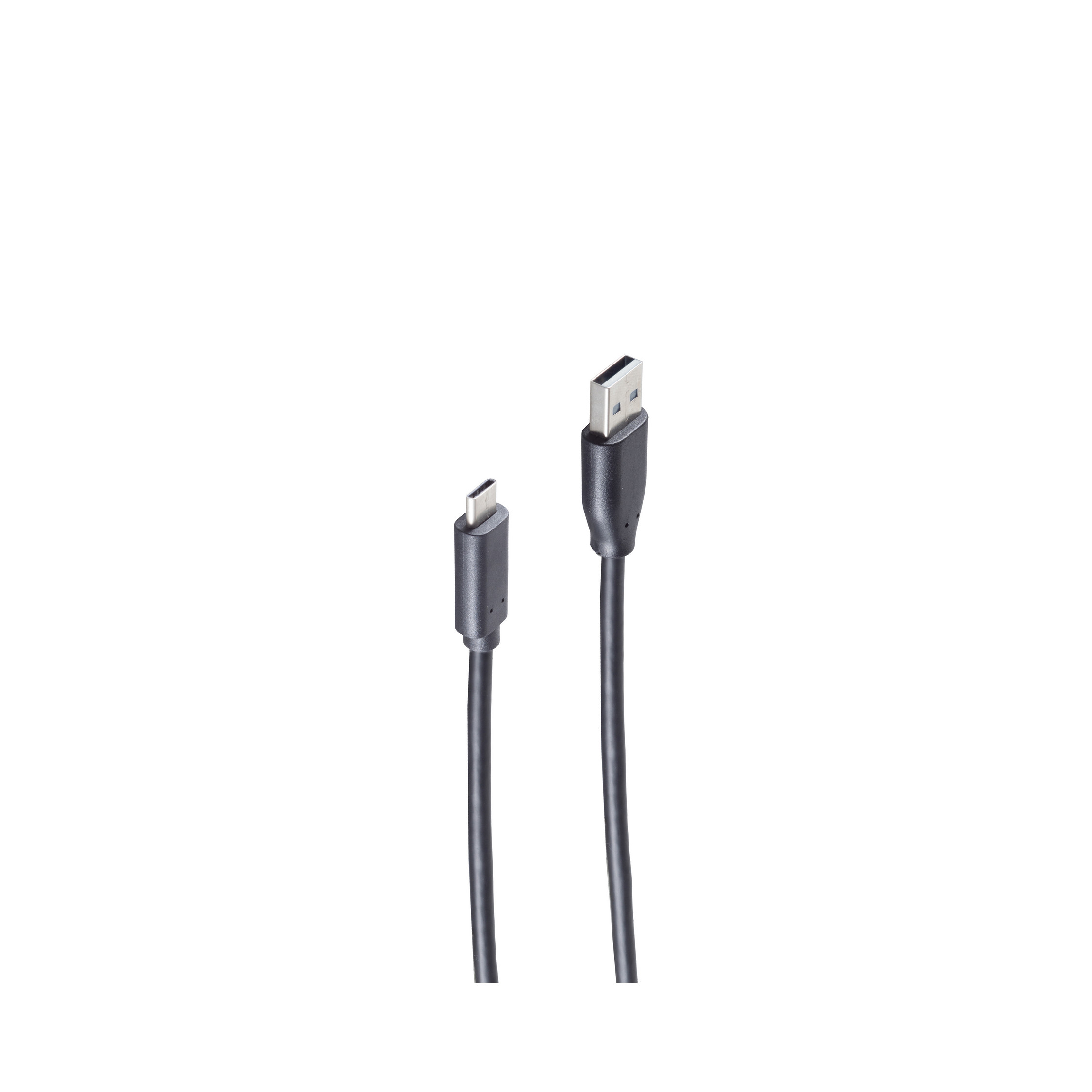 Un cavo da USB a micro USB nero, con un connettore USB a destra. Sfondo bianco.