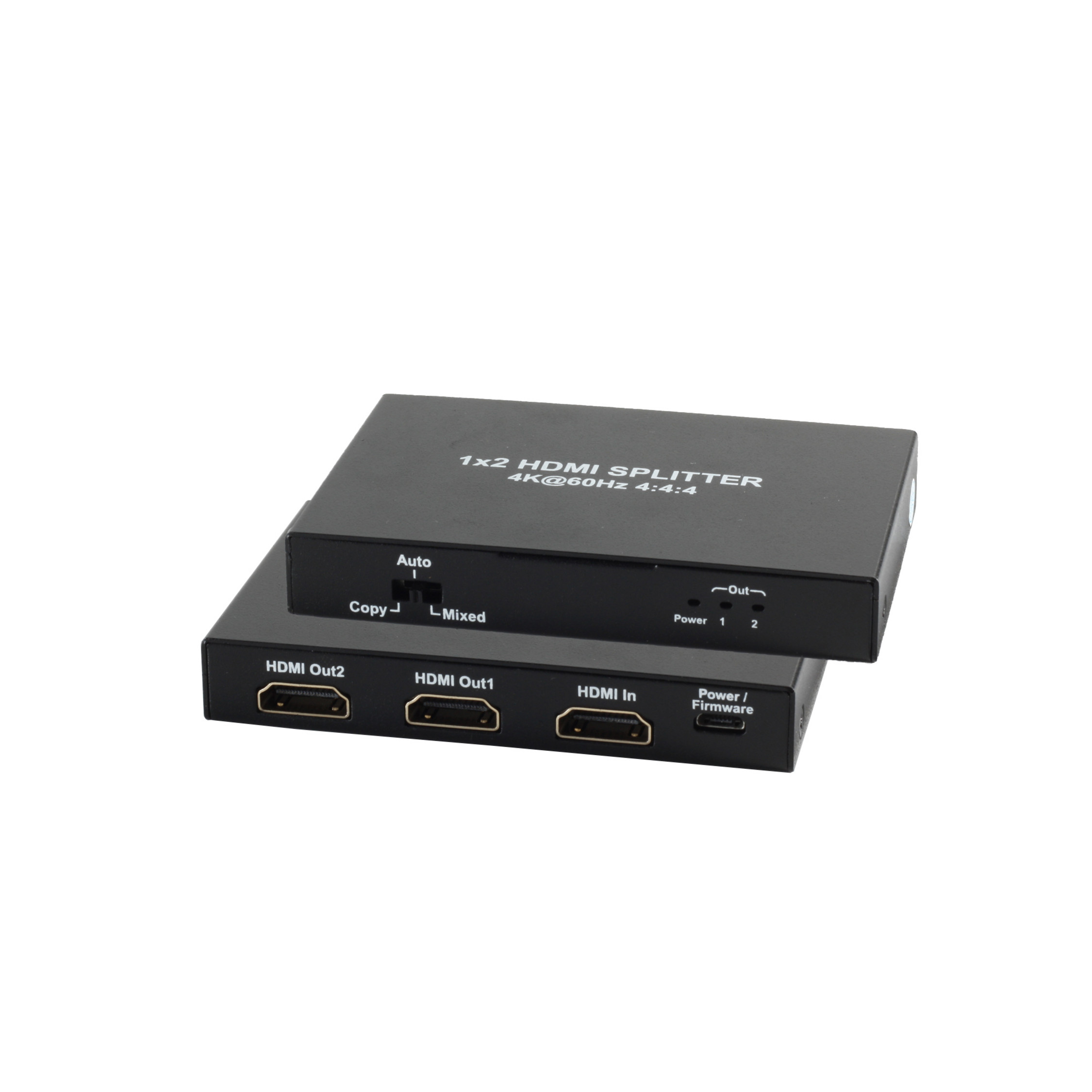Schwarzer HDMI-Splitter mit Text, übereinander gestapelt. Weißer Hintergrund.