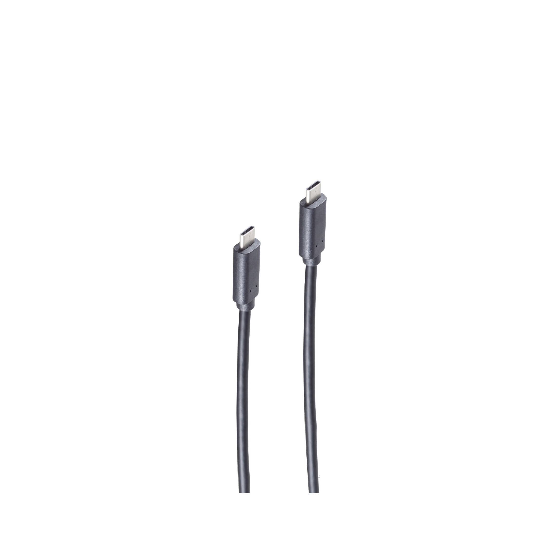 Zwei schwarze USB-C-Kabel vor weißem Hintergrund, die Anschlüsse zeigend.