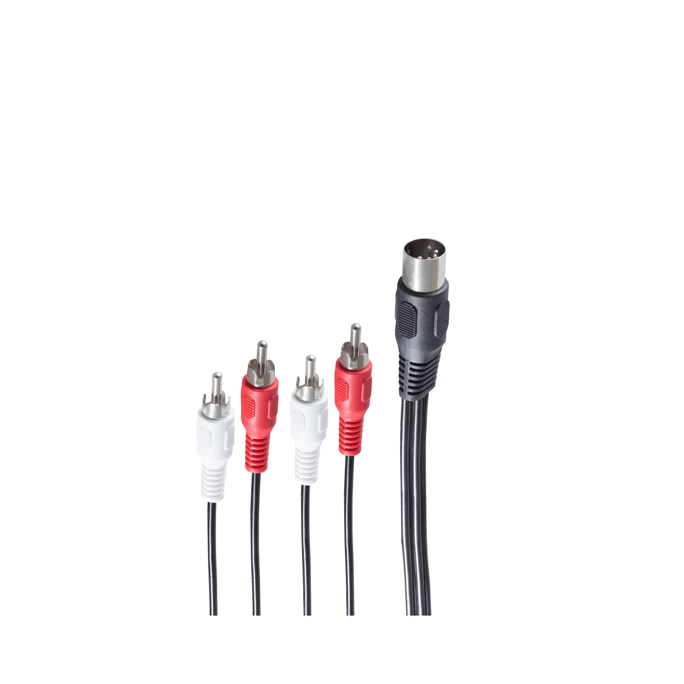 Fünf Audiokabel mit roten, weißen und schwarzen Steckern auf weißem Hintergrund.