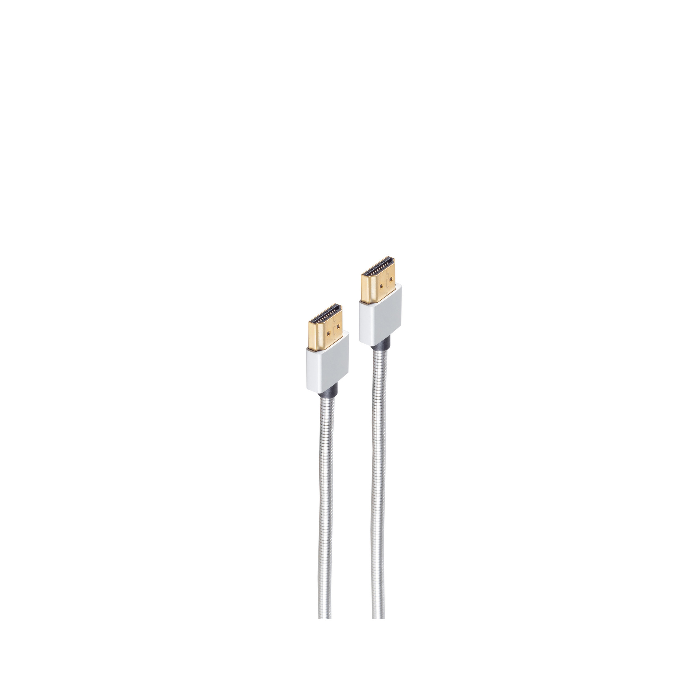 Zwei HDMI-Kabel mit silbernen Steckern und einem silbernen Kabel.