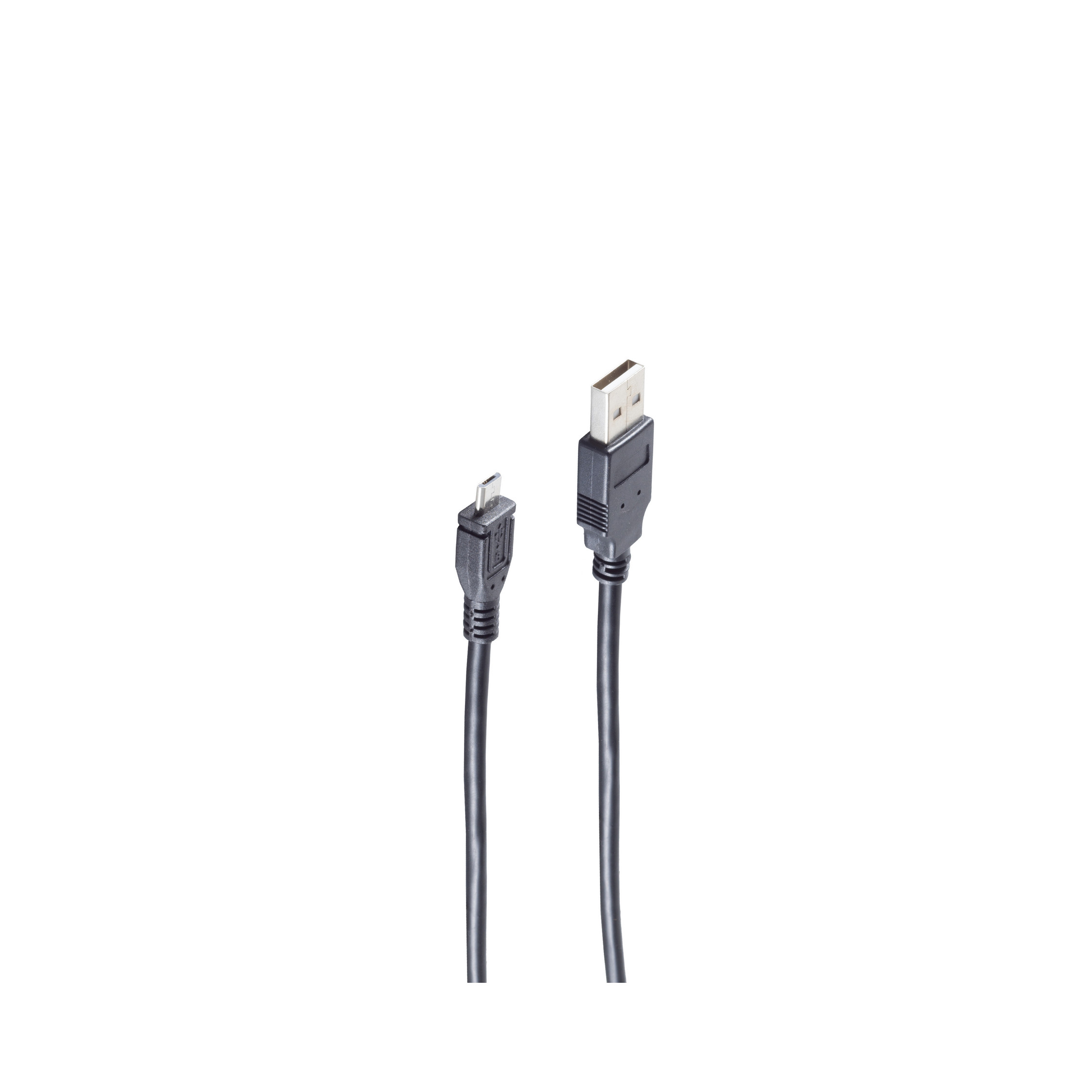 Ein schwarzes USB-zu-Micro-USB-Kabel. Ein Ende ist USB-A, das andere Micro-USB. Weißer Hintergrund.
