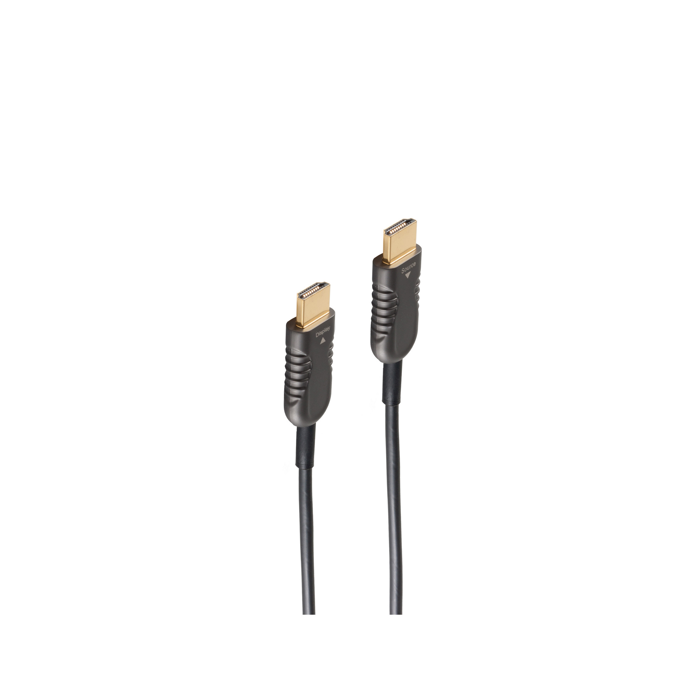 Zwei schwarze HDMI-Kabel mit goldfarbenen Steckern, isoliert auf weißem Hintergrund.