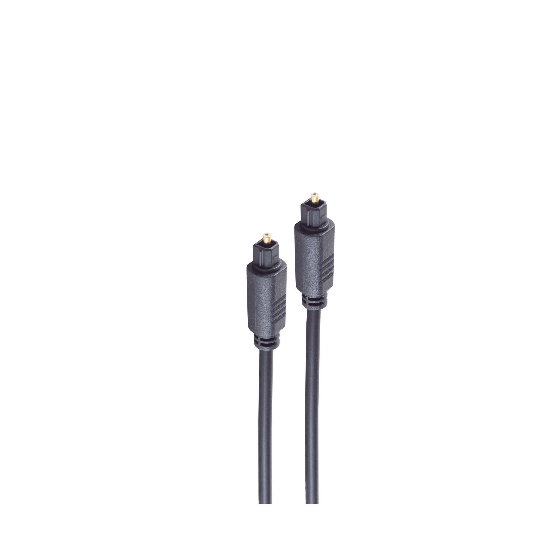 Zwei schwarze optische Audiokabel mit Anschlüssen vor weißem Hintergrund.