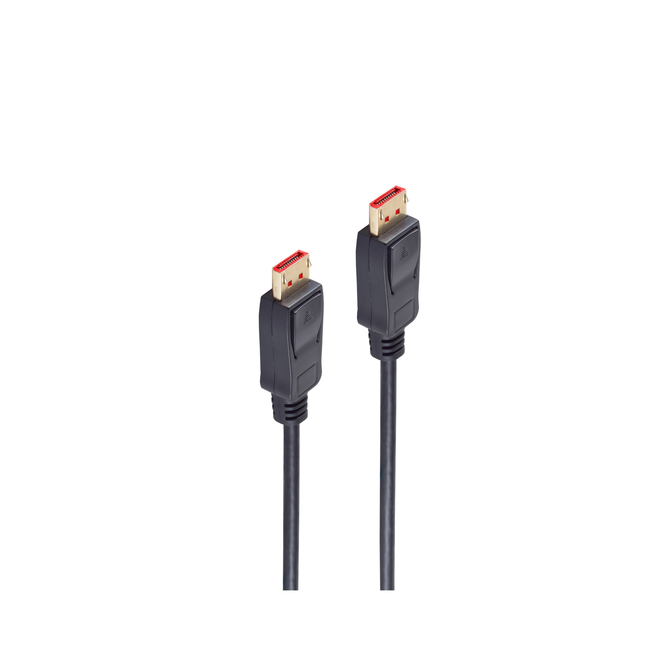 Zwei schwarze DisplayPort-Kabel auf weißem Hintergrund.