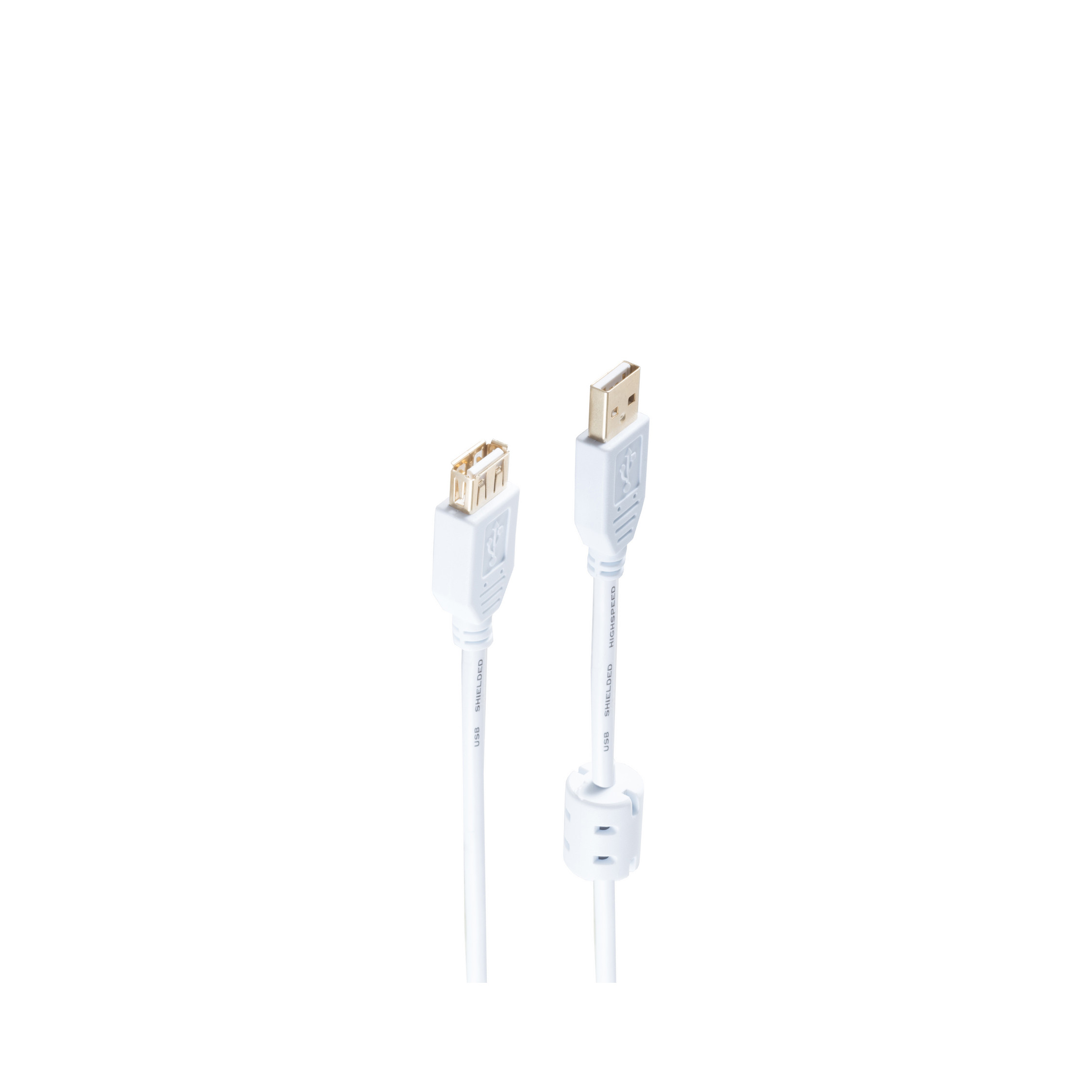 Zwei weiße USB-Kabel mit goldenen und weißen Steckern vor weißem Hintergrund.