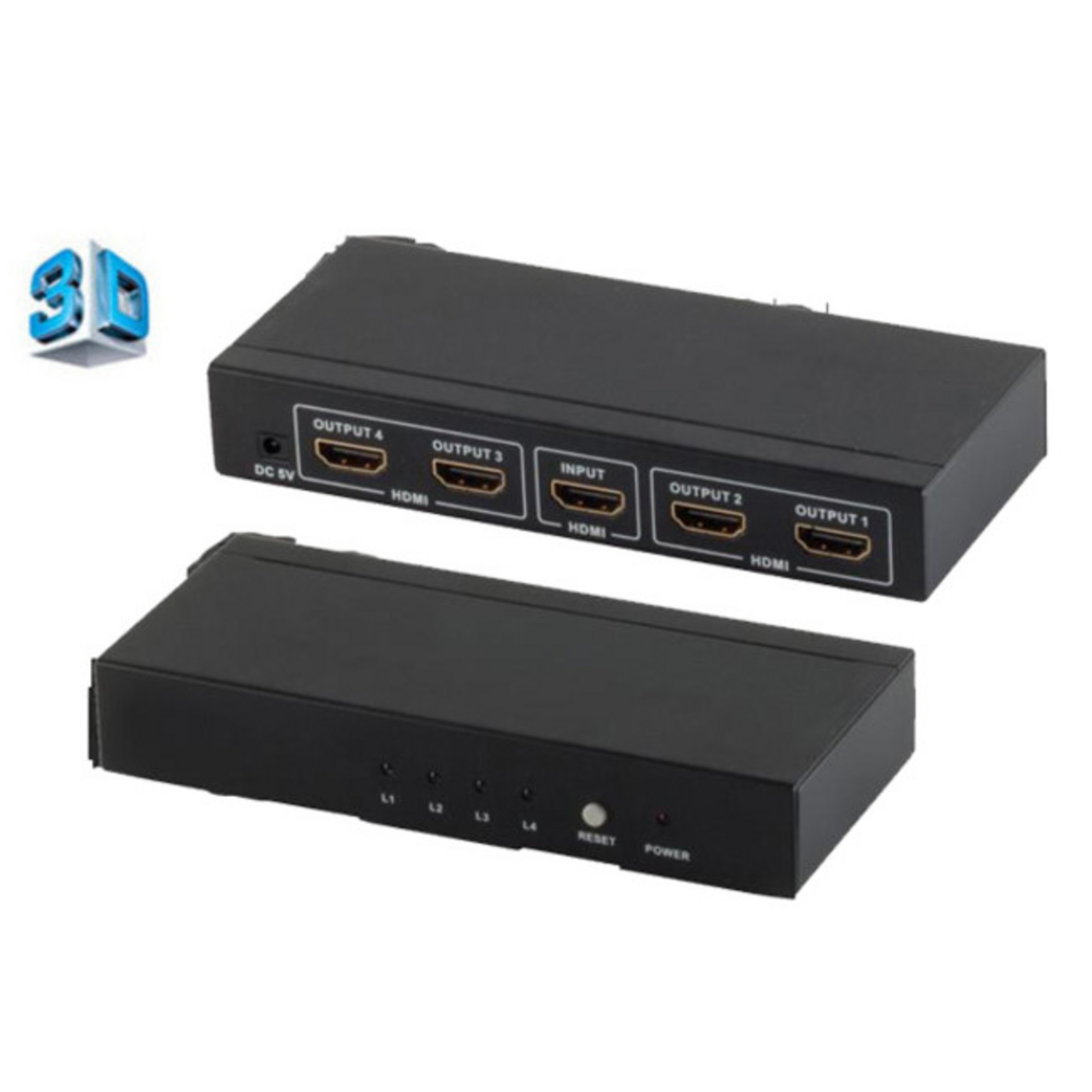 Zwei schwarze HDMI-Umschalter. Einer oben zeigt die Anschlüsse. Der andere liegt darunter.