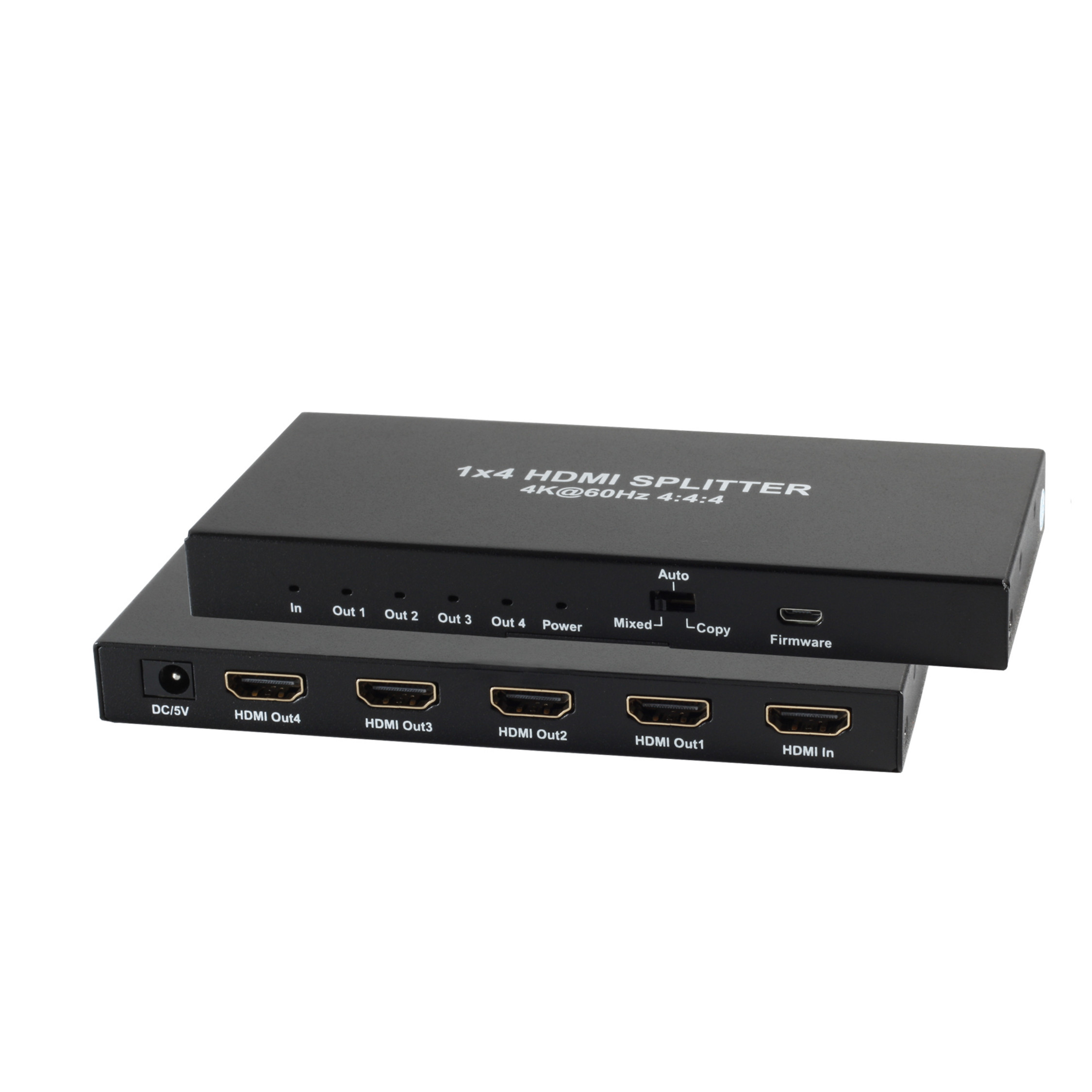 Zwei schwarze HDMI-Splitter werden gezeigt, einer auf dem anderen.