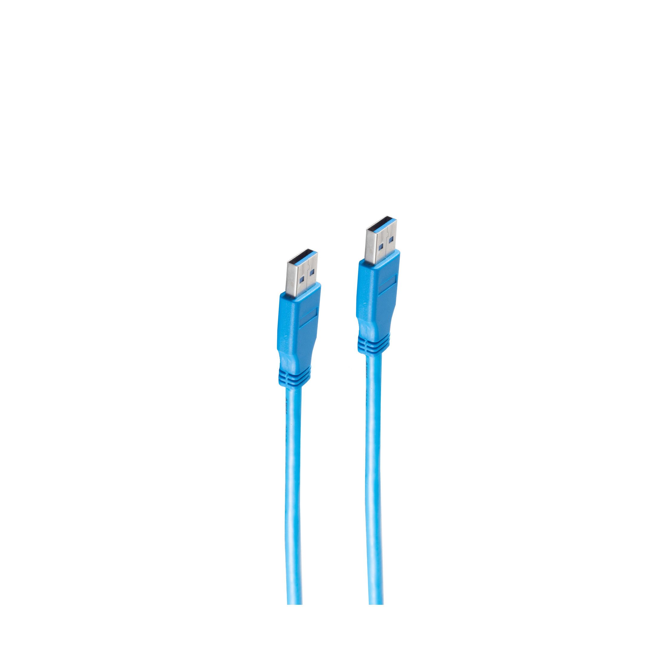 Zwei blaue USB-Kabel, jeweils mit einem USB-A-Anschluss, isoliert auf weißem Hintergrund.