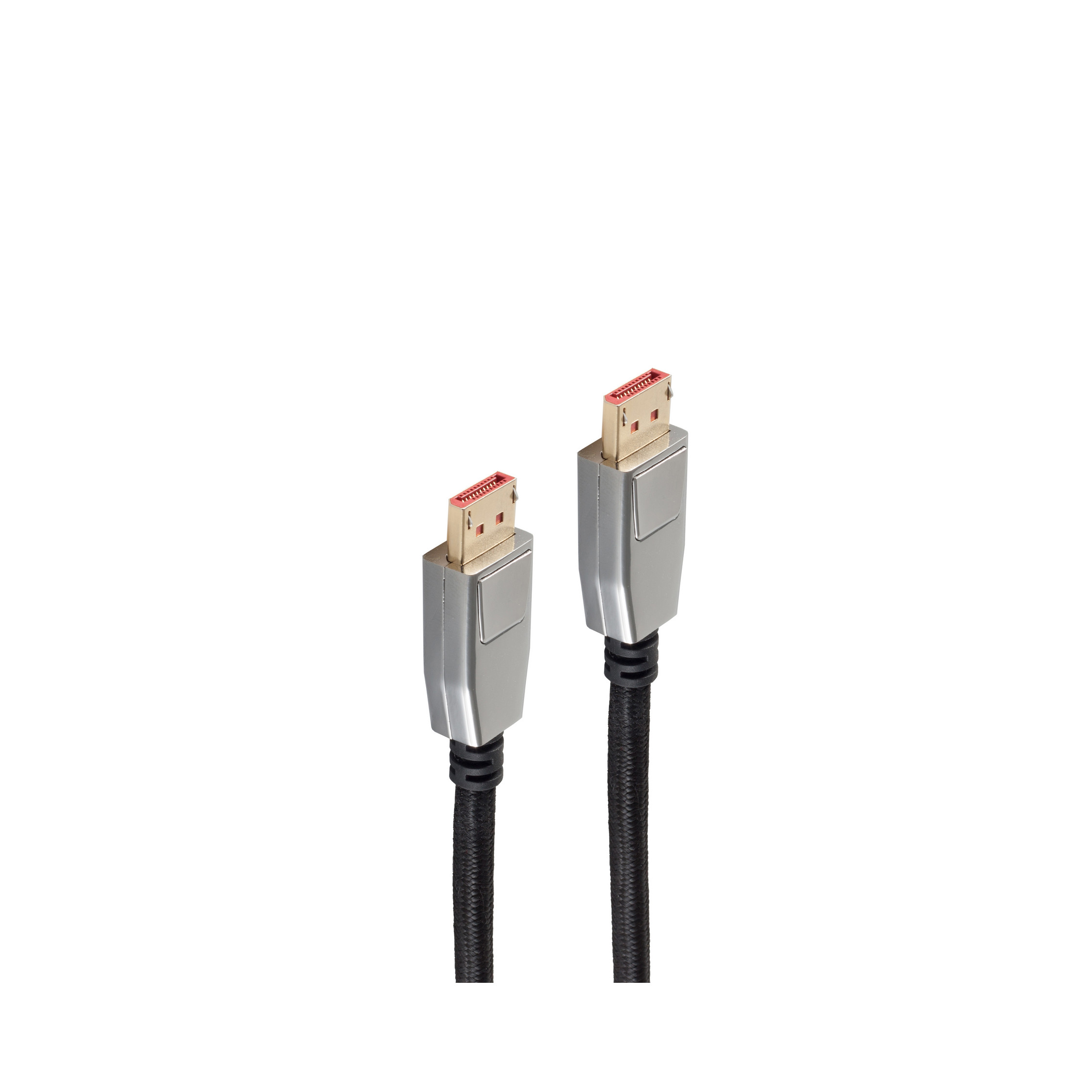 Zwei schwarze HDMI-Kabel mit silbernen Steckern und schwarzen geflochtenen Kabeln, weißer Hintergrund.