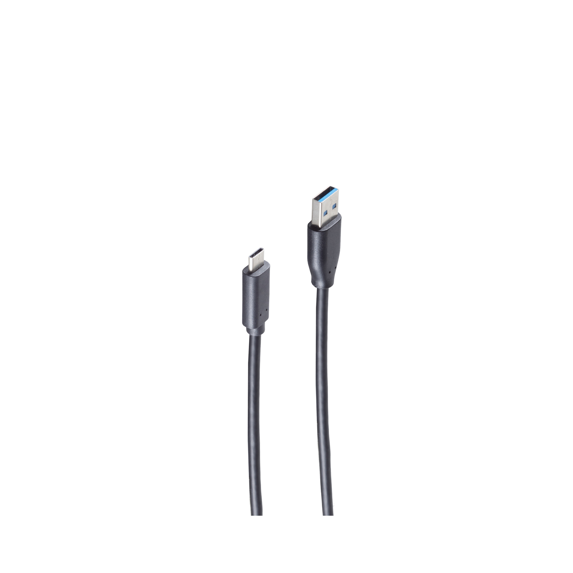 Un cavo da USB-C a USB, nero su sfondo bianco.