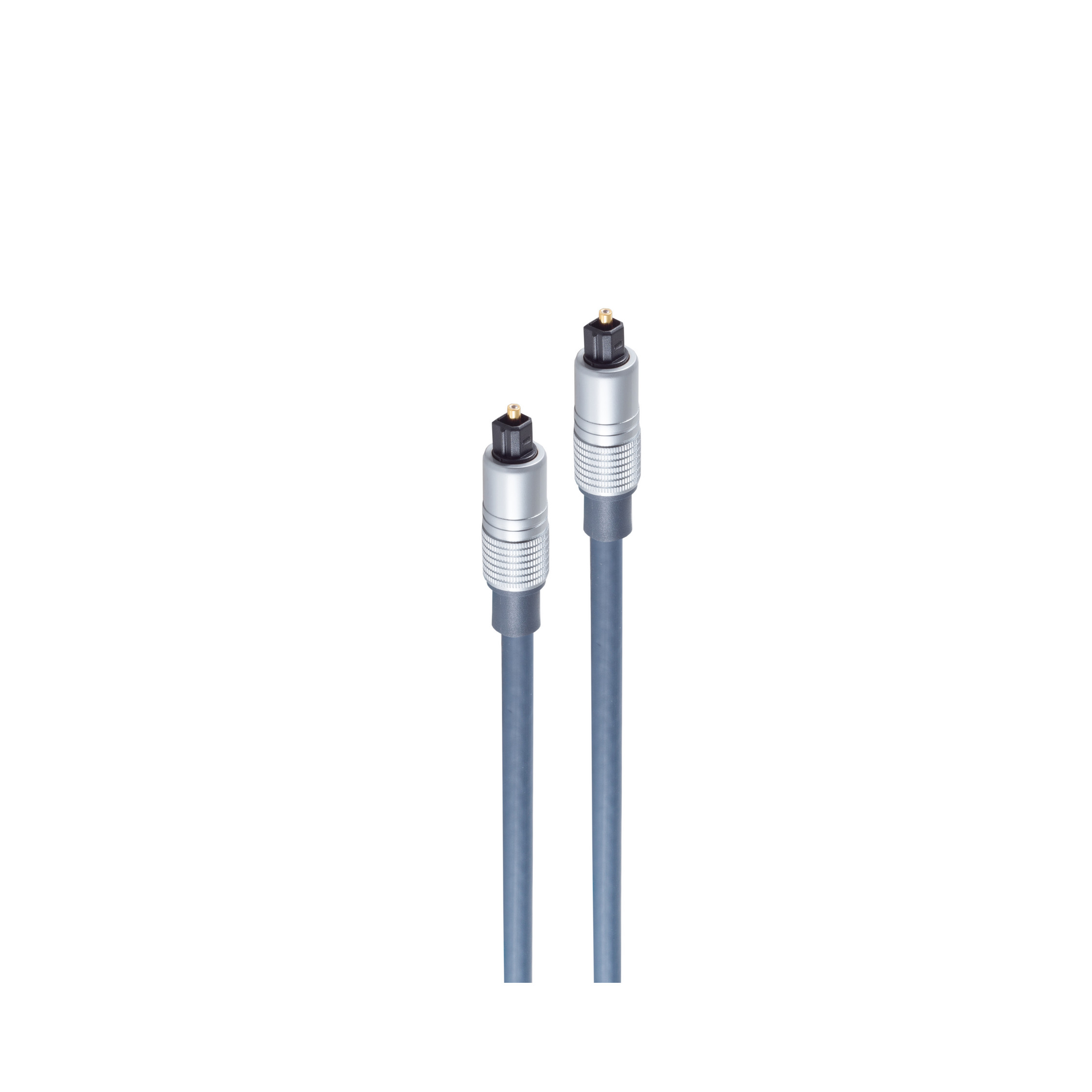 Zwei graue Glasfaserkabel auf weißem Hintergrund. Jedes Kabel hat einen silbernen und schwarzen Stecker.