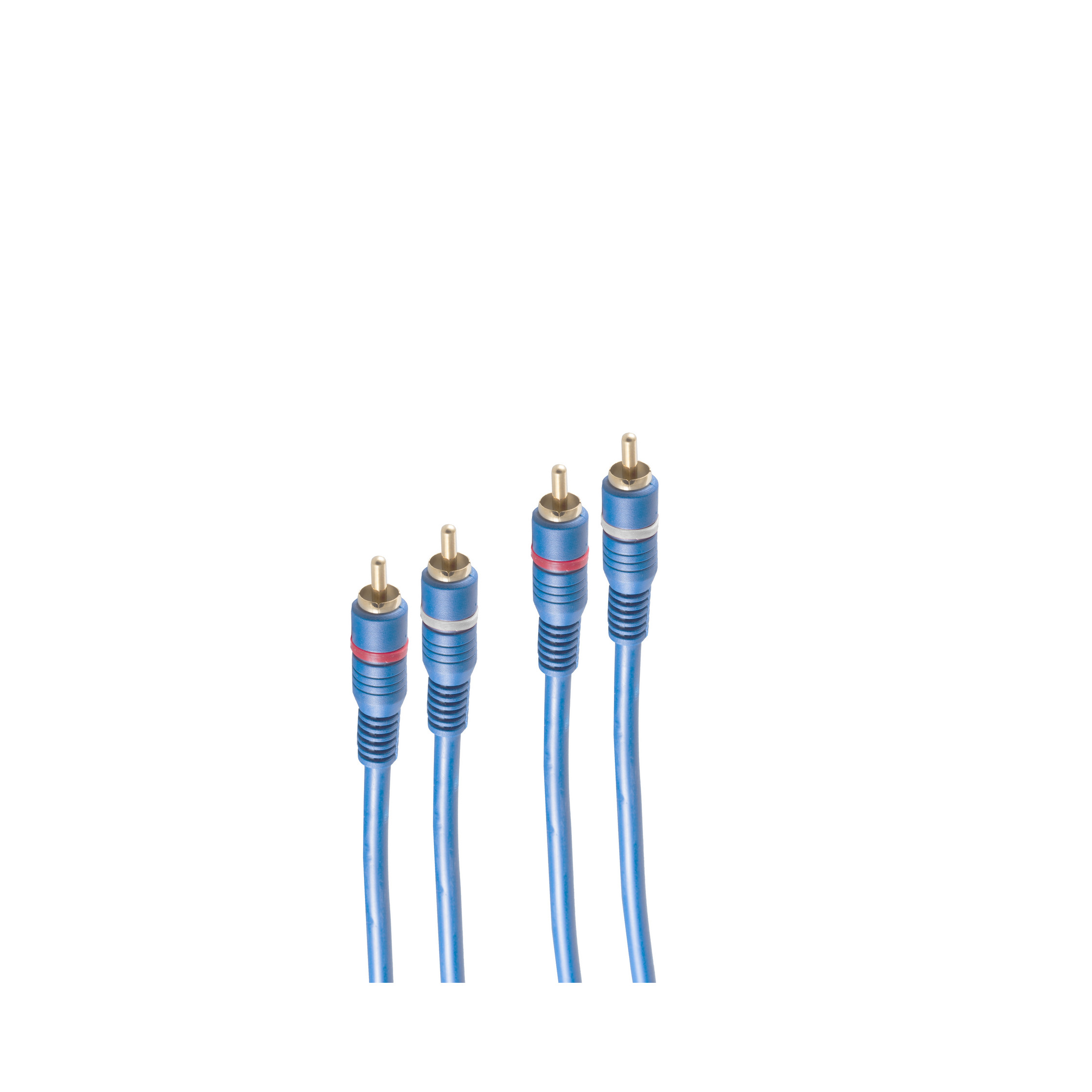 Vier blaue Audiokabel mit Anschlüssen, vor weißem Hintergrund.