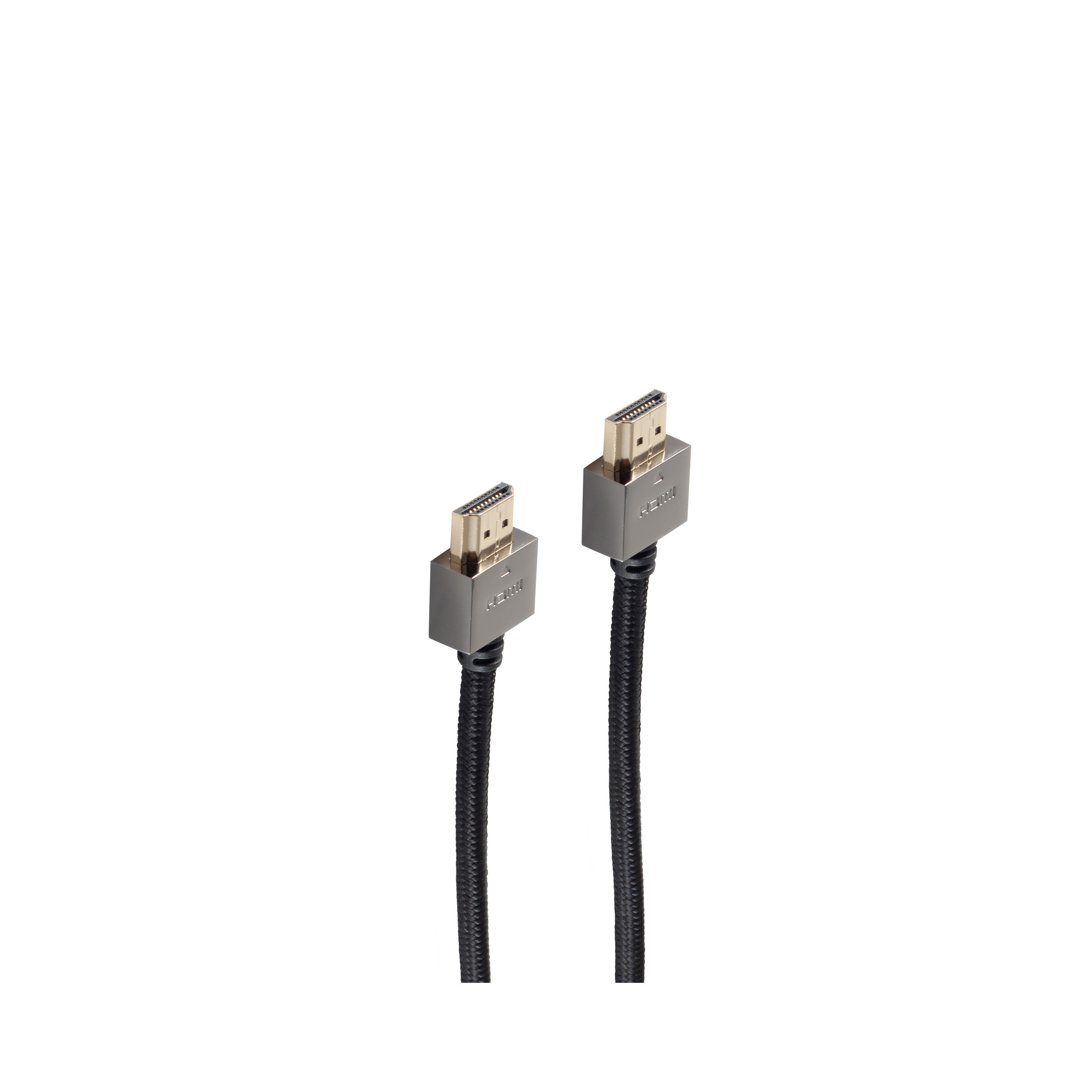 Schwarzes HDMI-Kabel mit zwei HDMI-Anschlüssen. Weißer Hintergrund.