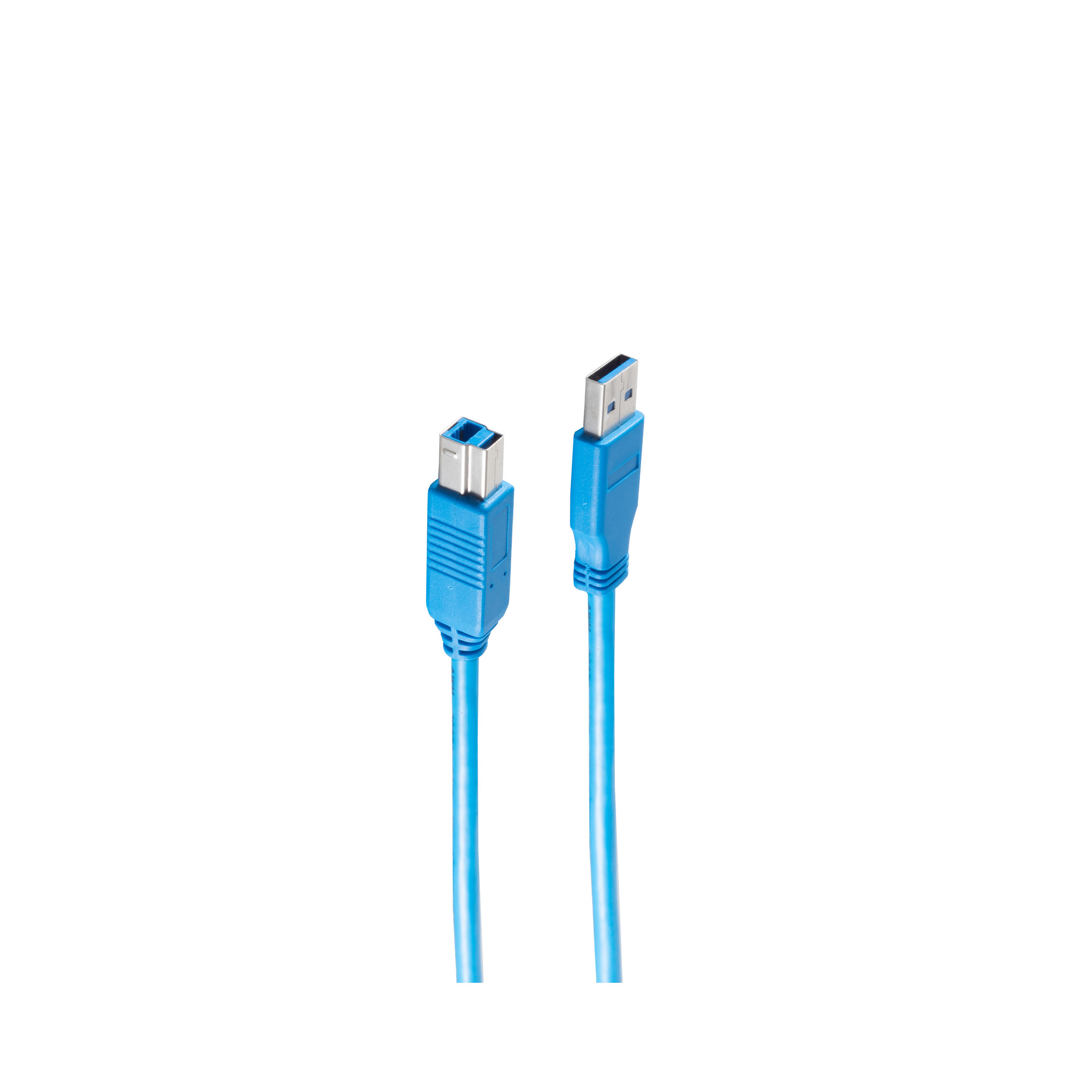 Zwei blaue USB-Kabel mit USB-A- und USB-B-Anschlüssen vor weißem Hintergrund.