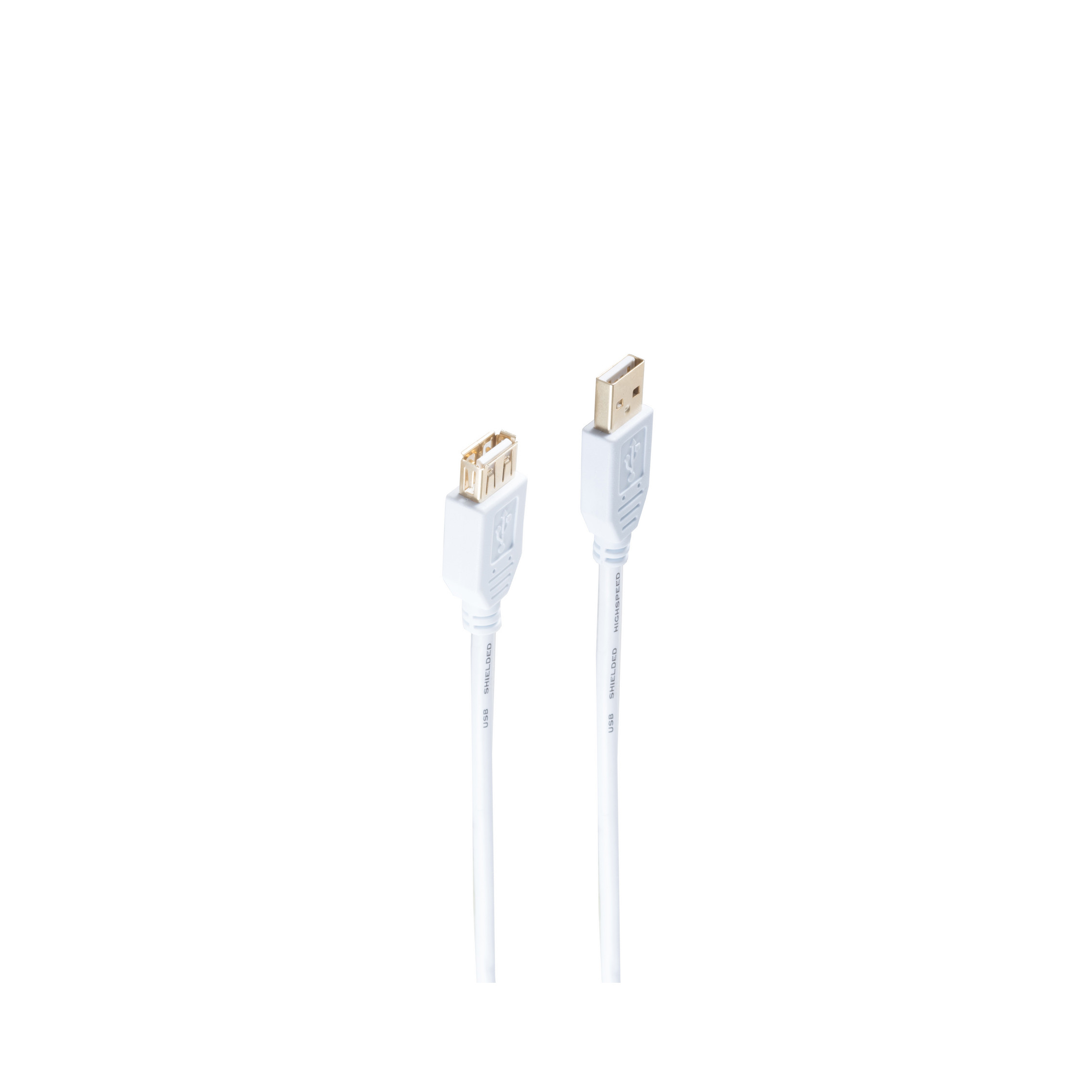 Zwei weiße USB-Kabel mit goldenen Steckern auf weißem Hintergrund.