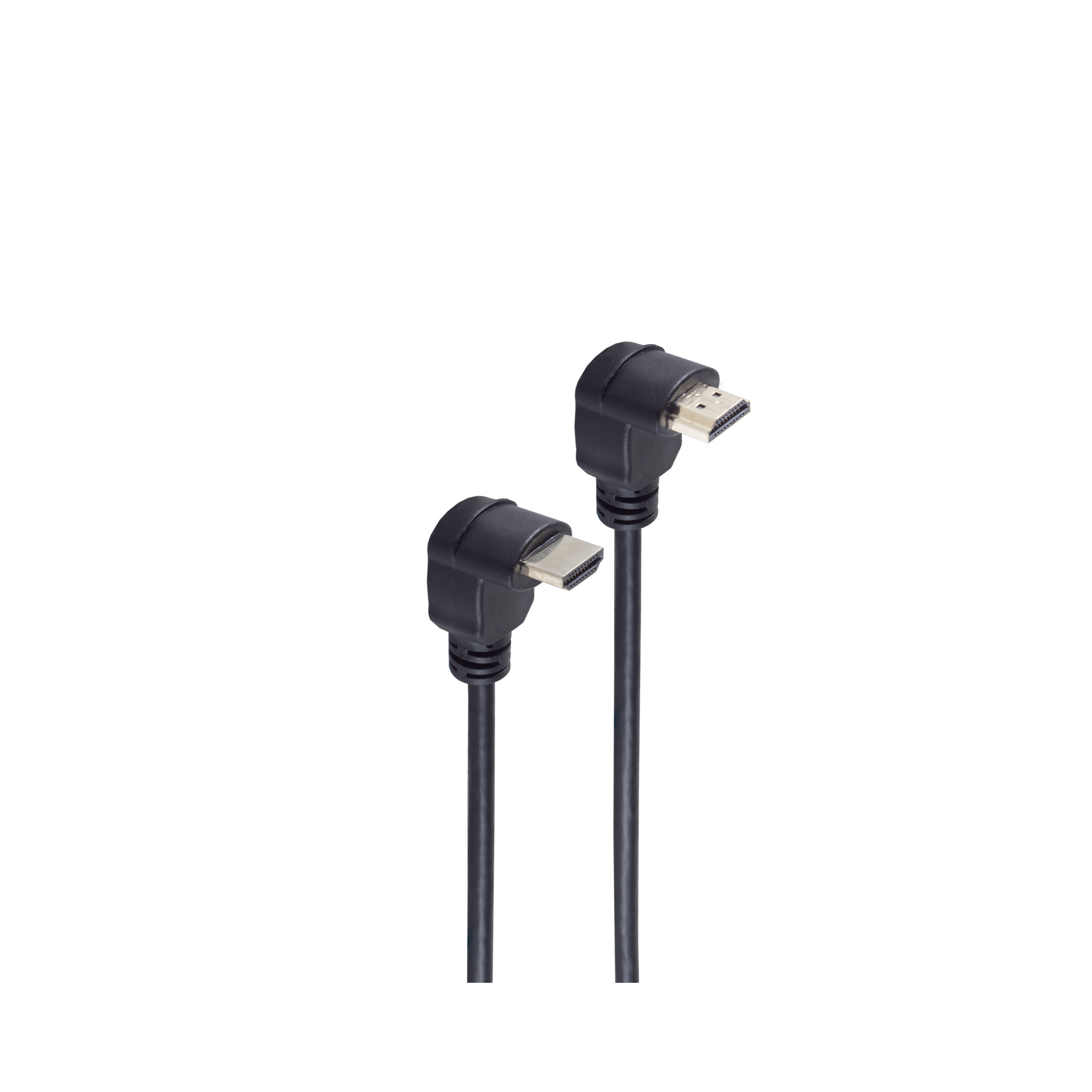 Zwei schwarze HDMI-Kabel mit abgewinkelten Steckern. Sie befinden sich auf weißem Hintergrund.