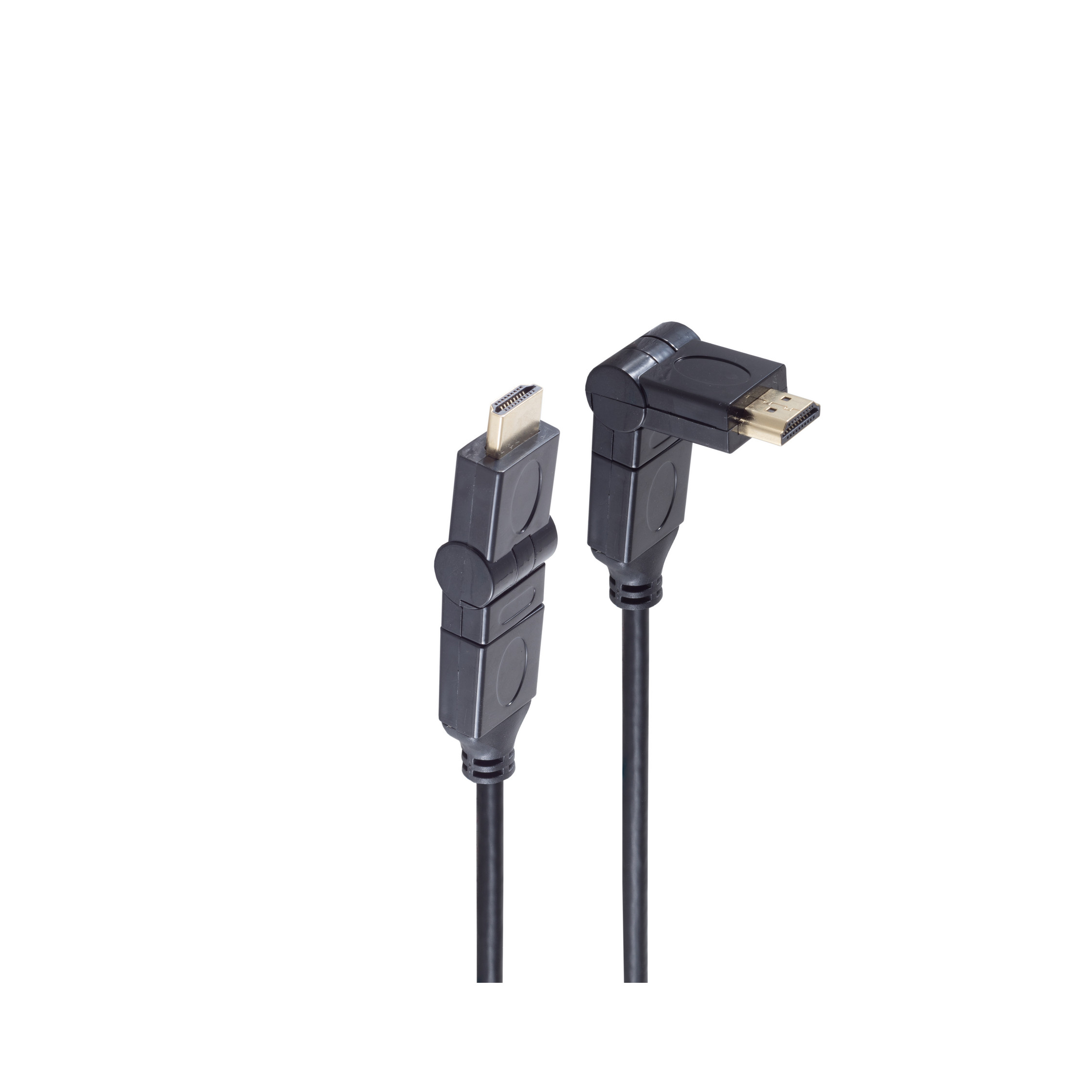 Schwarzes HDMI-Kabel mit abgewinkelten Steckern, weißer Hintergrund.