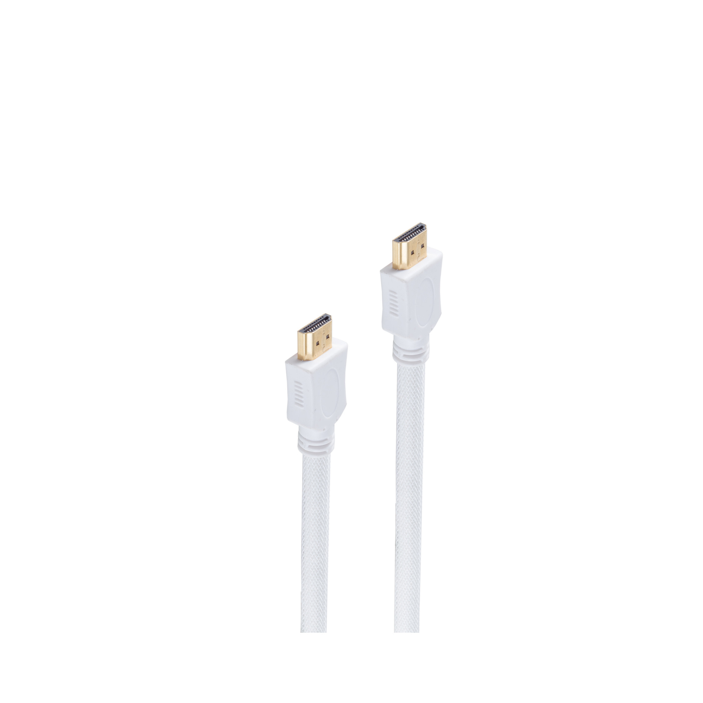 Zwei weiße HDMI-Kabel auf weißem Hintergrund. Jedes Kabel hat einen weißen Stecker mit goldenen Pins.