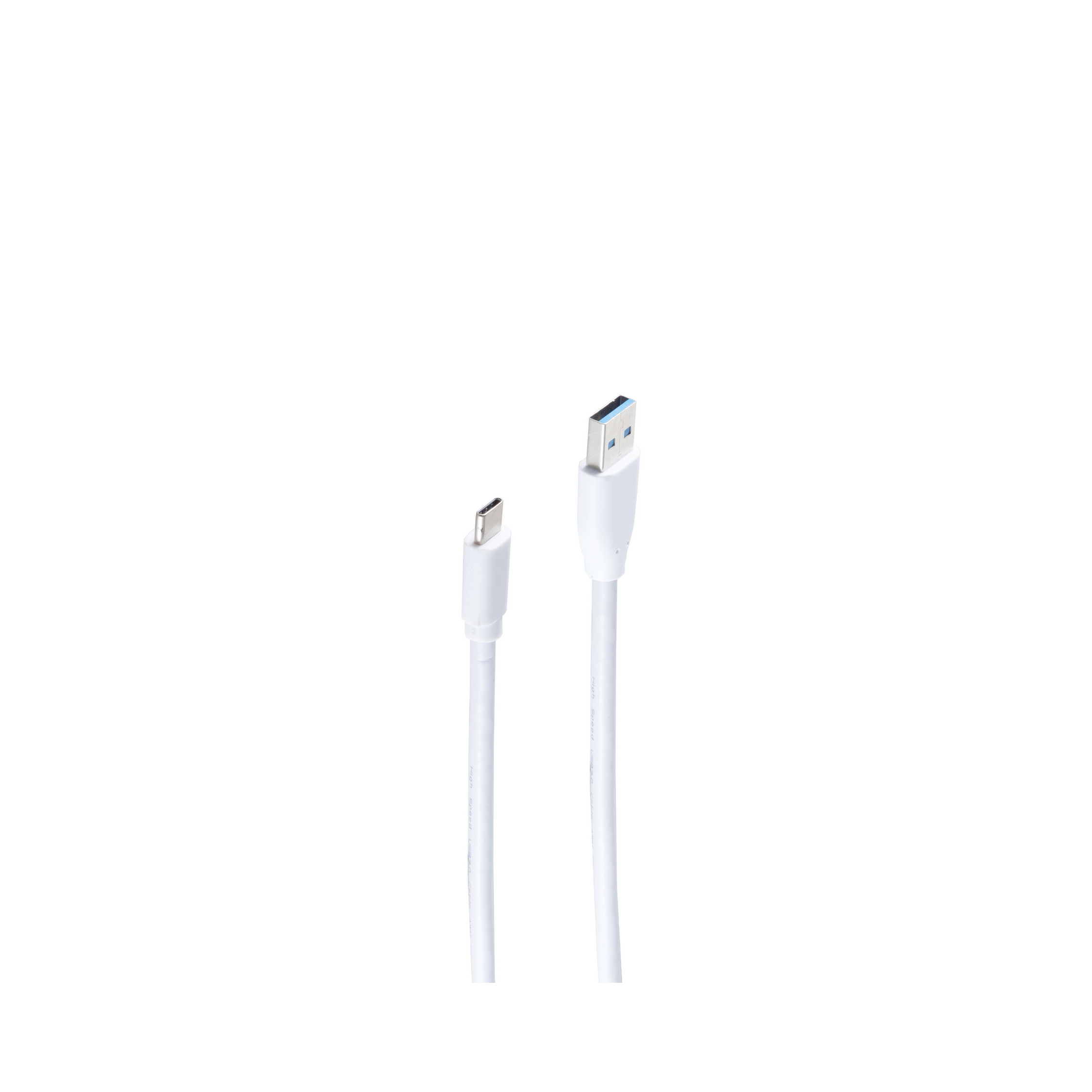 Zwei weiße USB-Kabel, eines mit Micro-USB und das andere mit Standard-USB-Anschluss. Weißer Hintergrund.