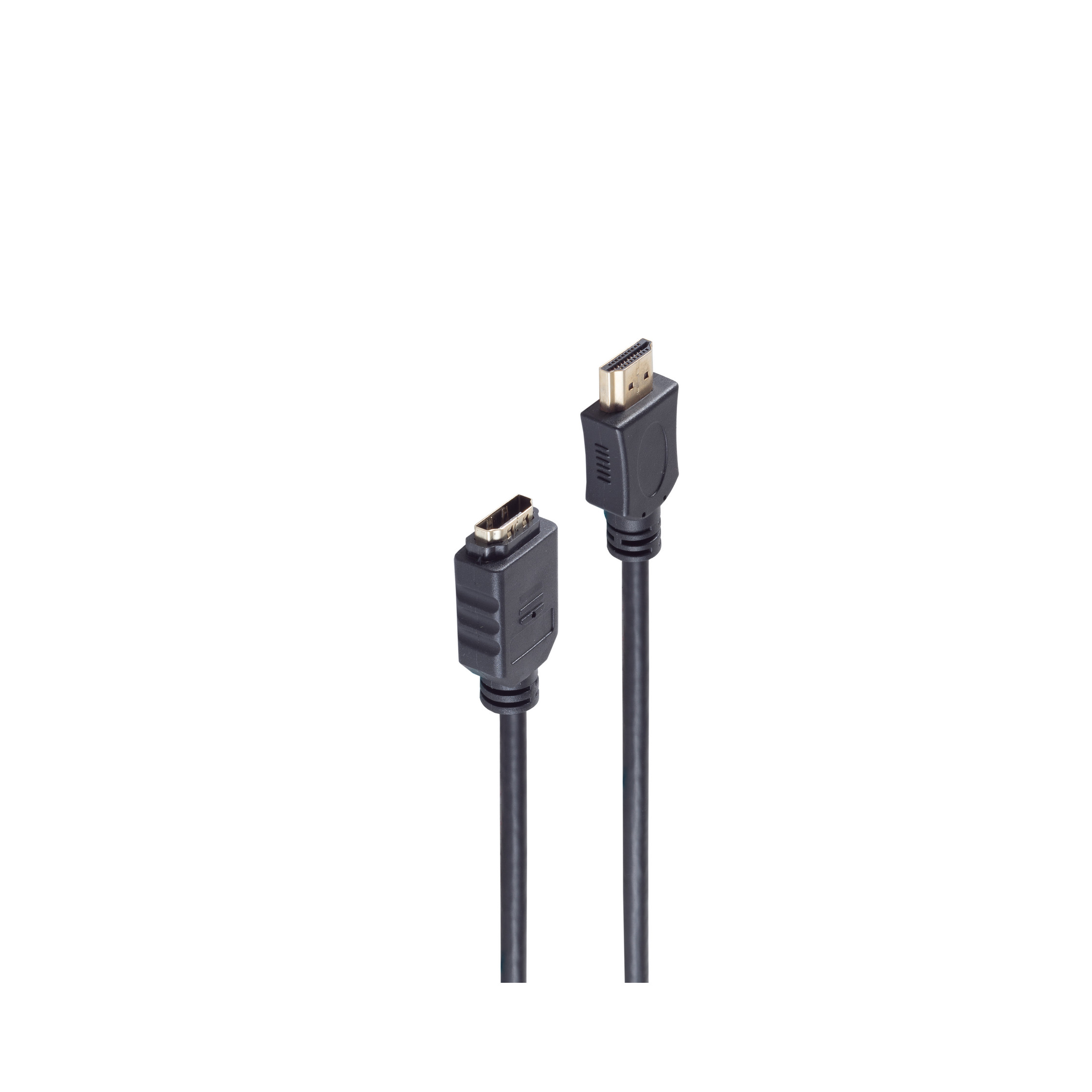 Zwei schwarze HDMI-Kabel auf weißem Hintergrund. Jedes Kabel hat einen schwarzen Stecker mit goldenen Pins.