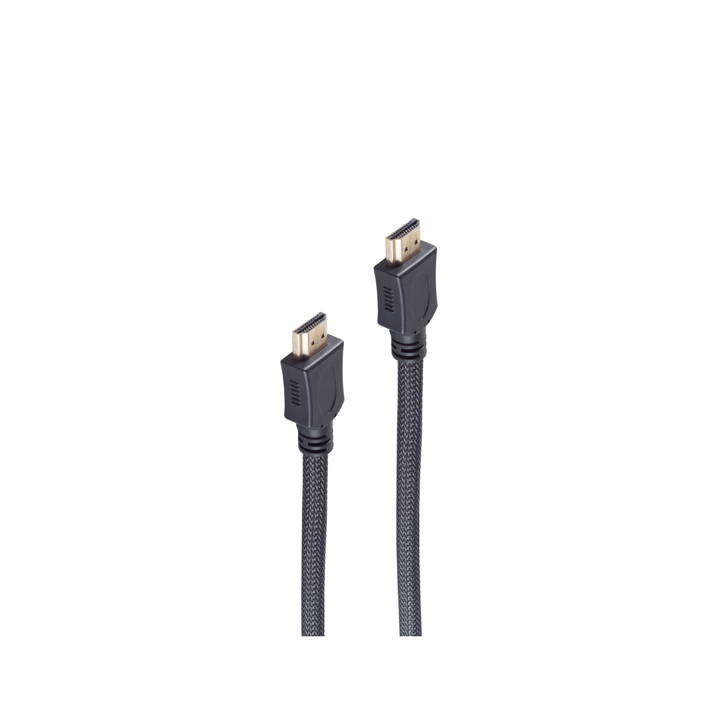 Zwei schwarze HDMI-Kabel mit schwarzen und grauen Steckern. Die Kabel sind auf weißem Hintergrund und nah beieinander.