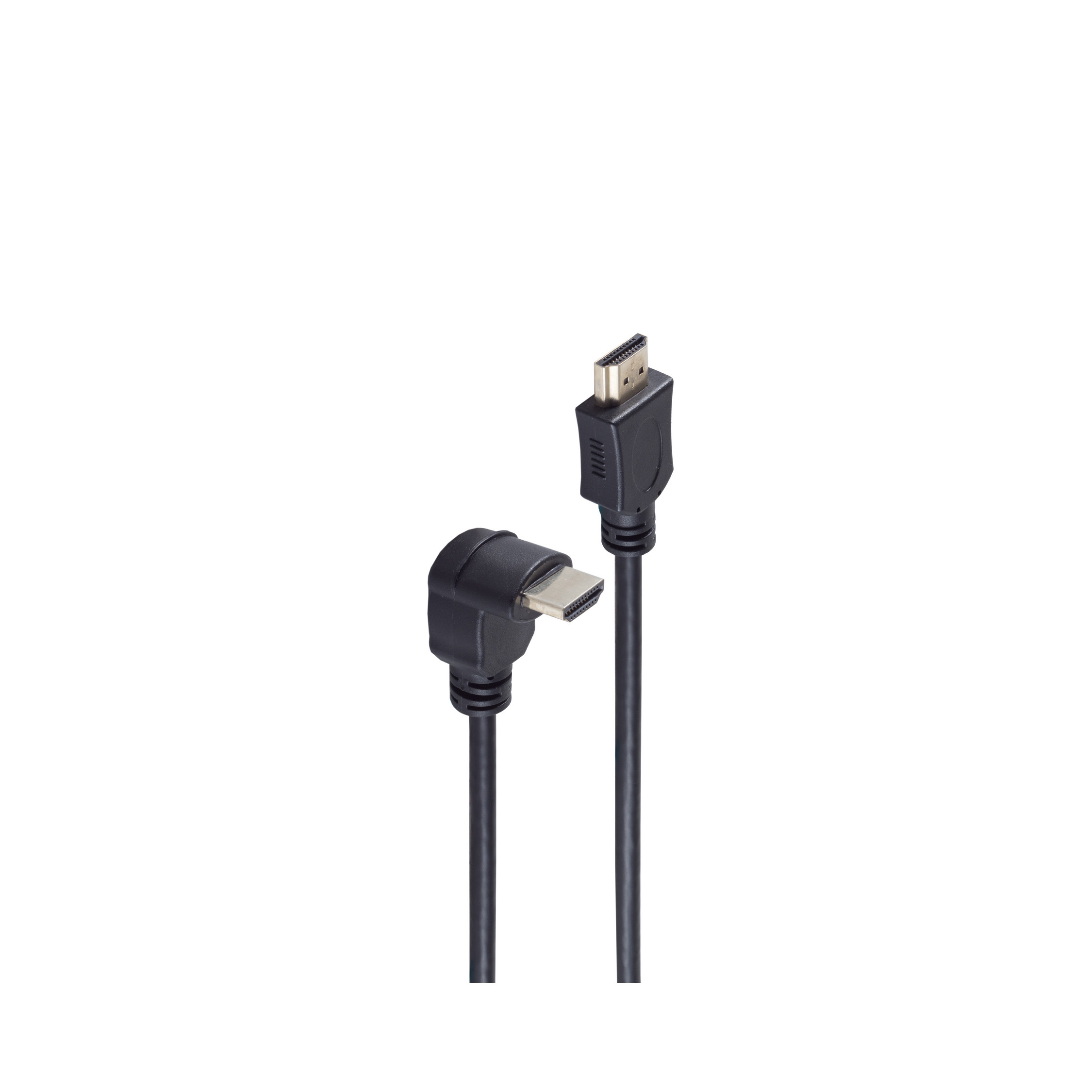 Ein schwarzes HDMI-Kabel mit abgewinkeltem Stecker.
