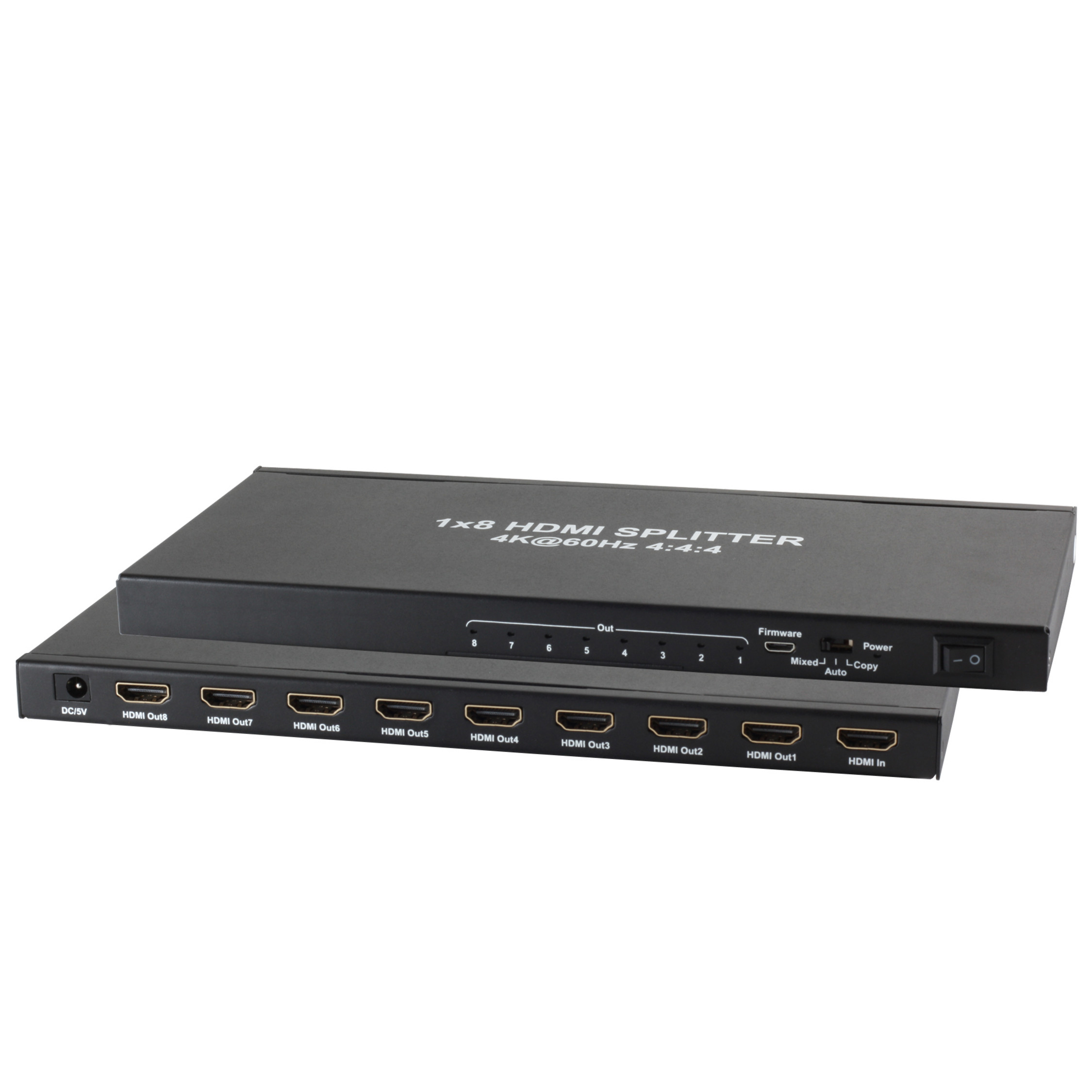 Zwei schwarze HDMI-Splitter, einer auf dem anderen, auf weißer Oberfläche, mit Knöpfen und Etiketten.