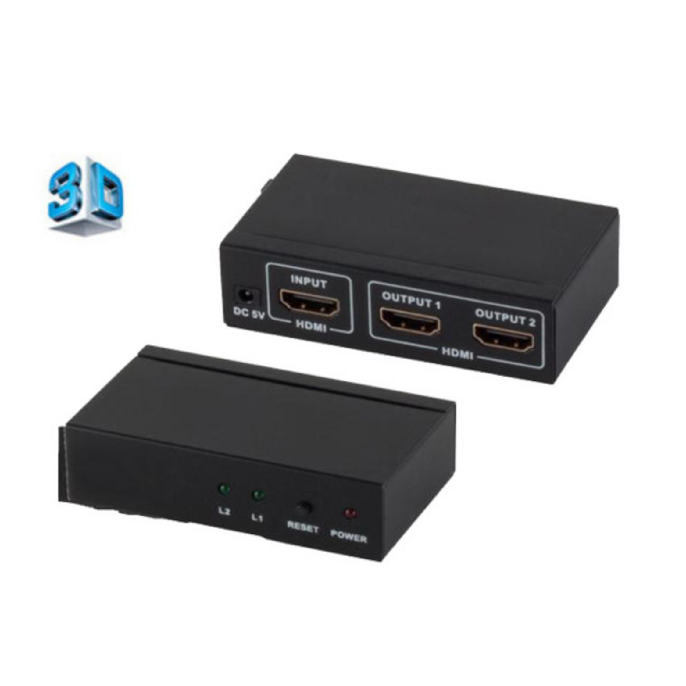 Schwarzer HDMI-Splitter mit Ein- und Ausgangsanschlüssen und 3D-Logo.