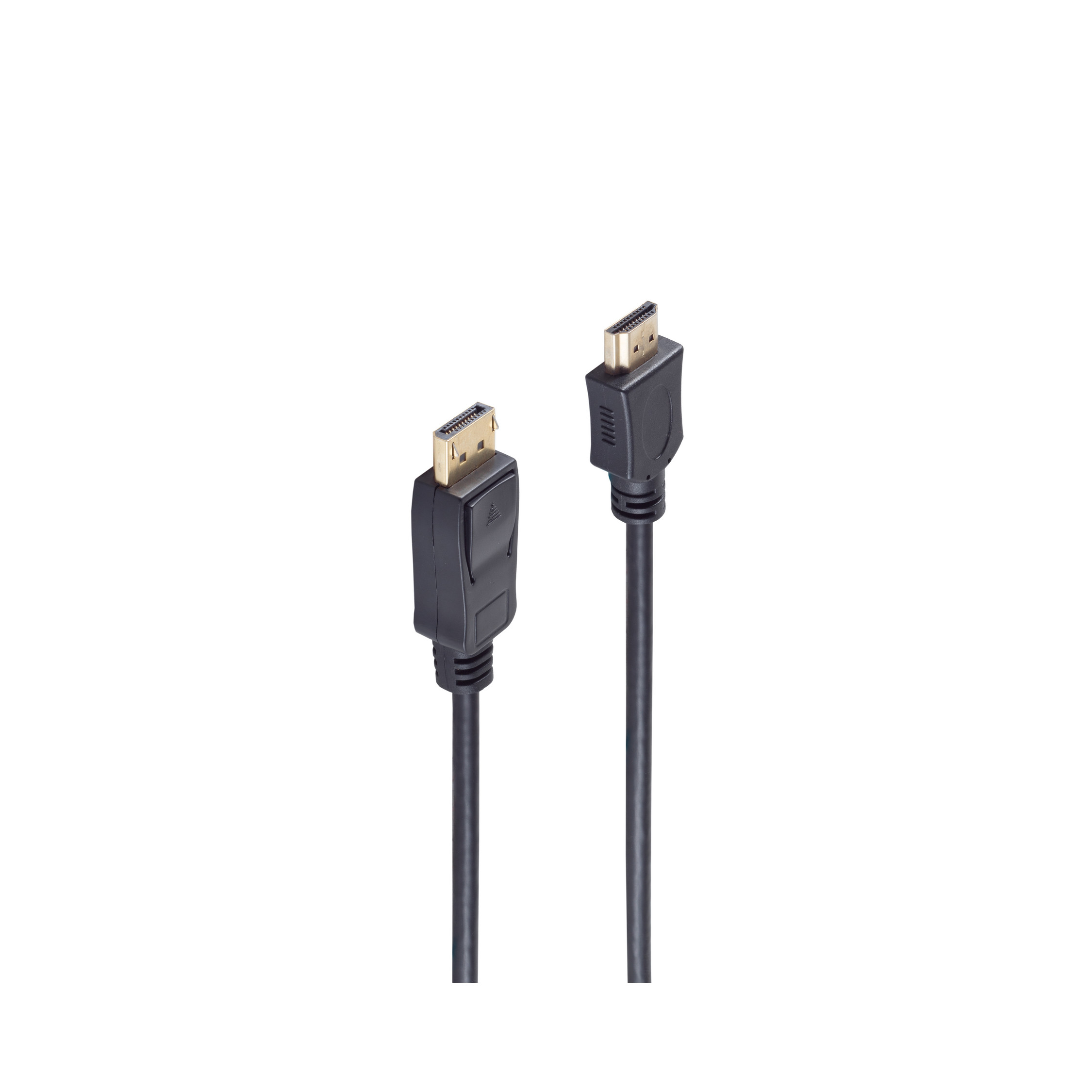 Schwarzes DisplayPort-Kabel mit goldenen Anschlüssen.