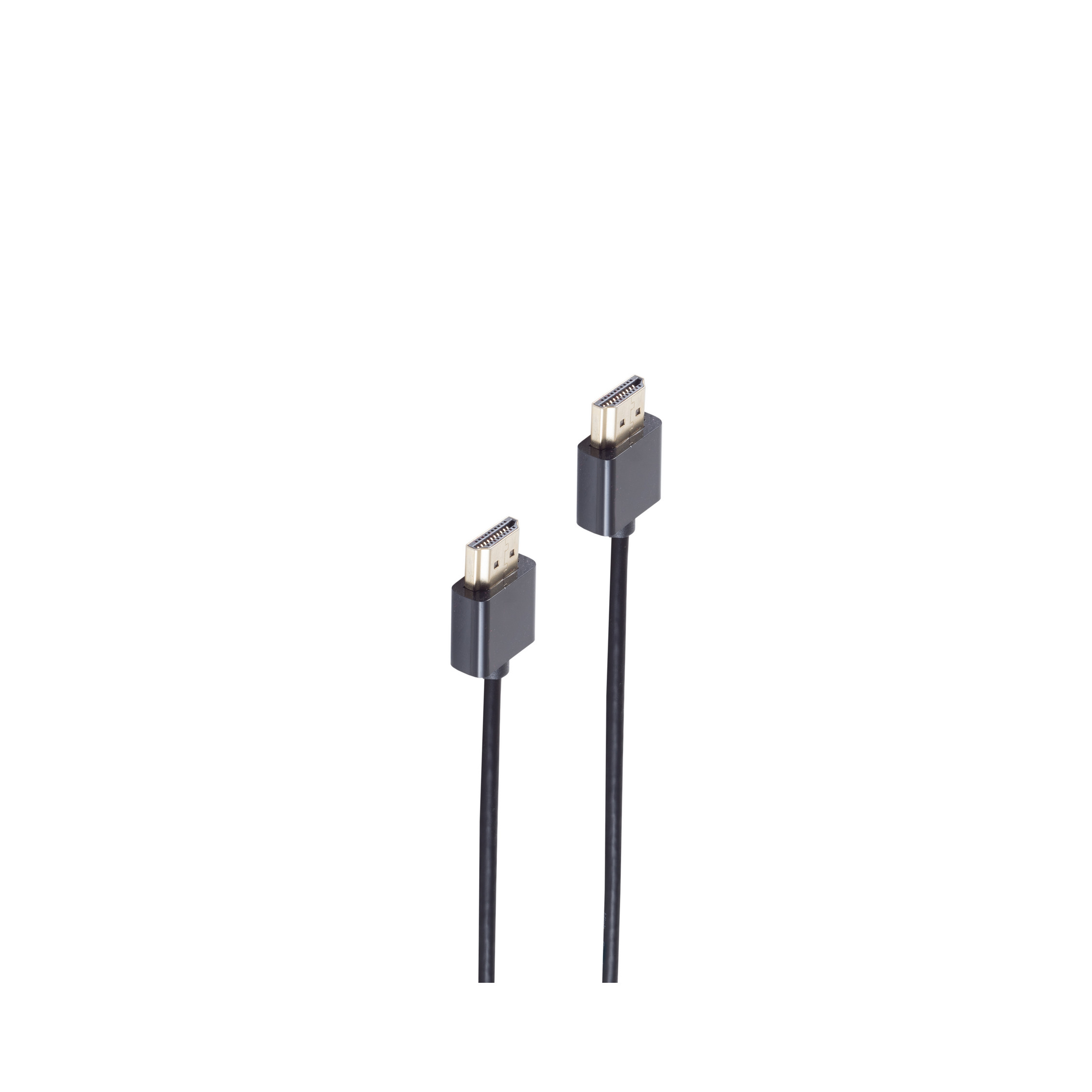 Zwei schwarze HDMI-Kabel mit Anschlüssen auf weißem Hintergrund.