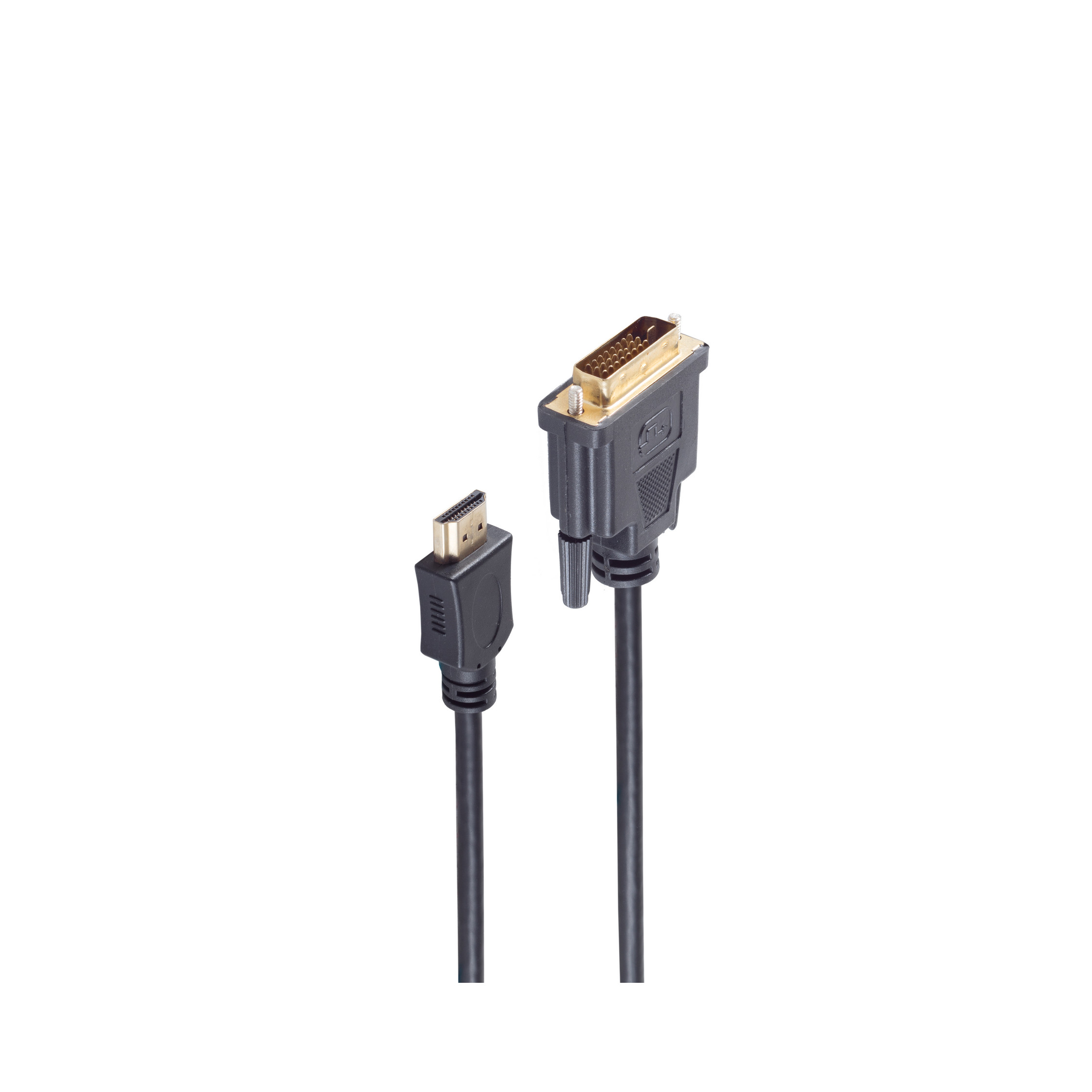 Ein schwarz-goldenes Kabel mit zwei verschiedenen Steckern auf weißem Hintergrund.