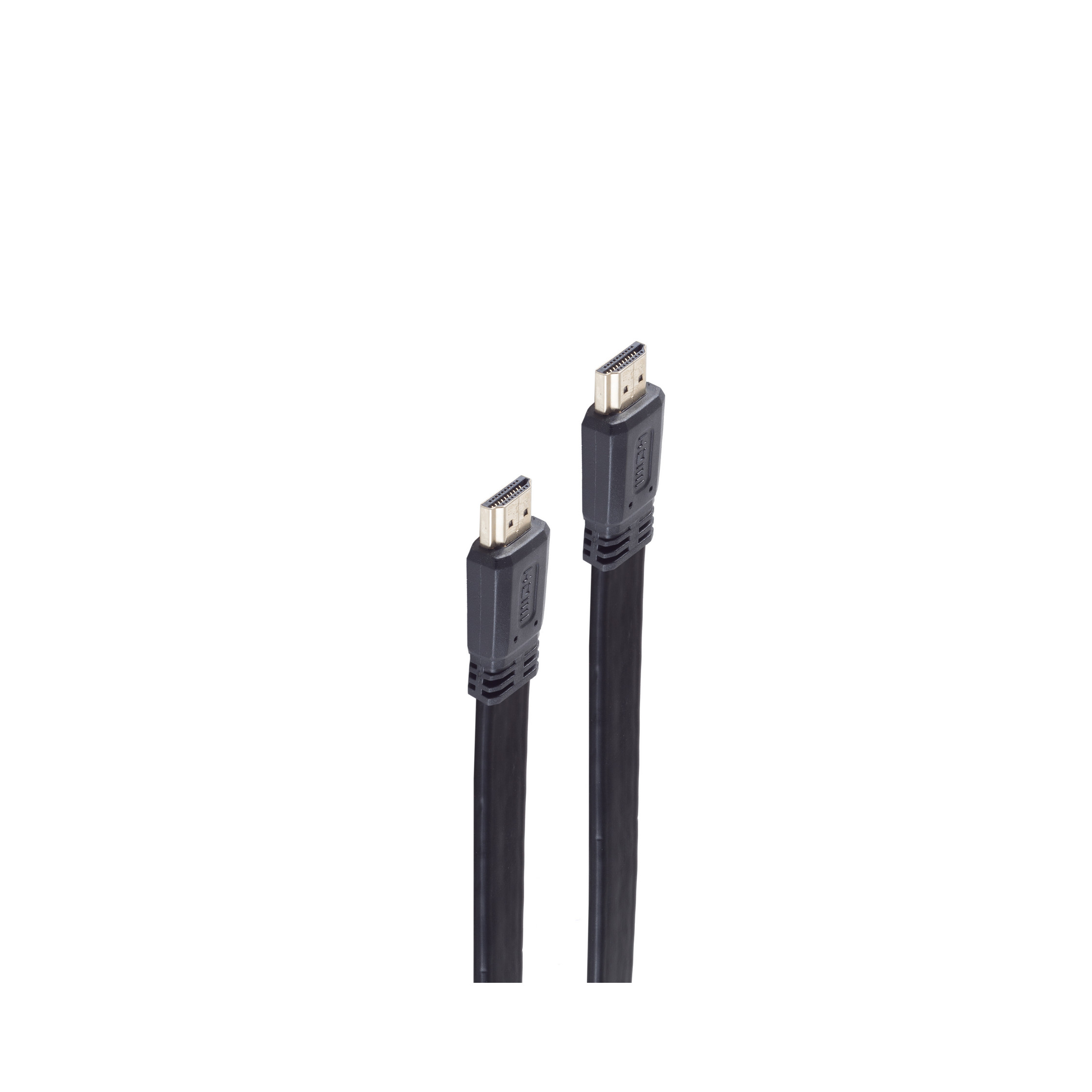 Zwei schwarze HDMI-Kabel mit schwarzen Steckern auf weißem Hintergrund. Die Kabel liegen nah beieinander.