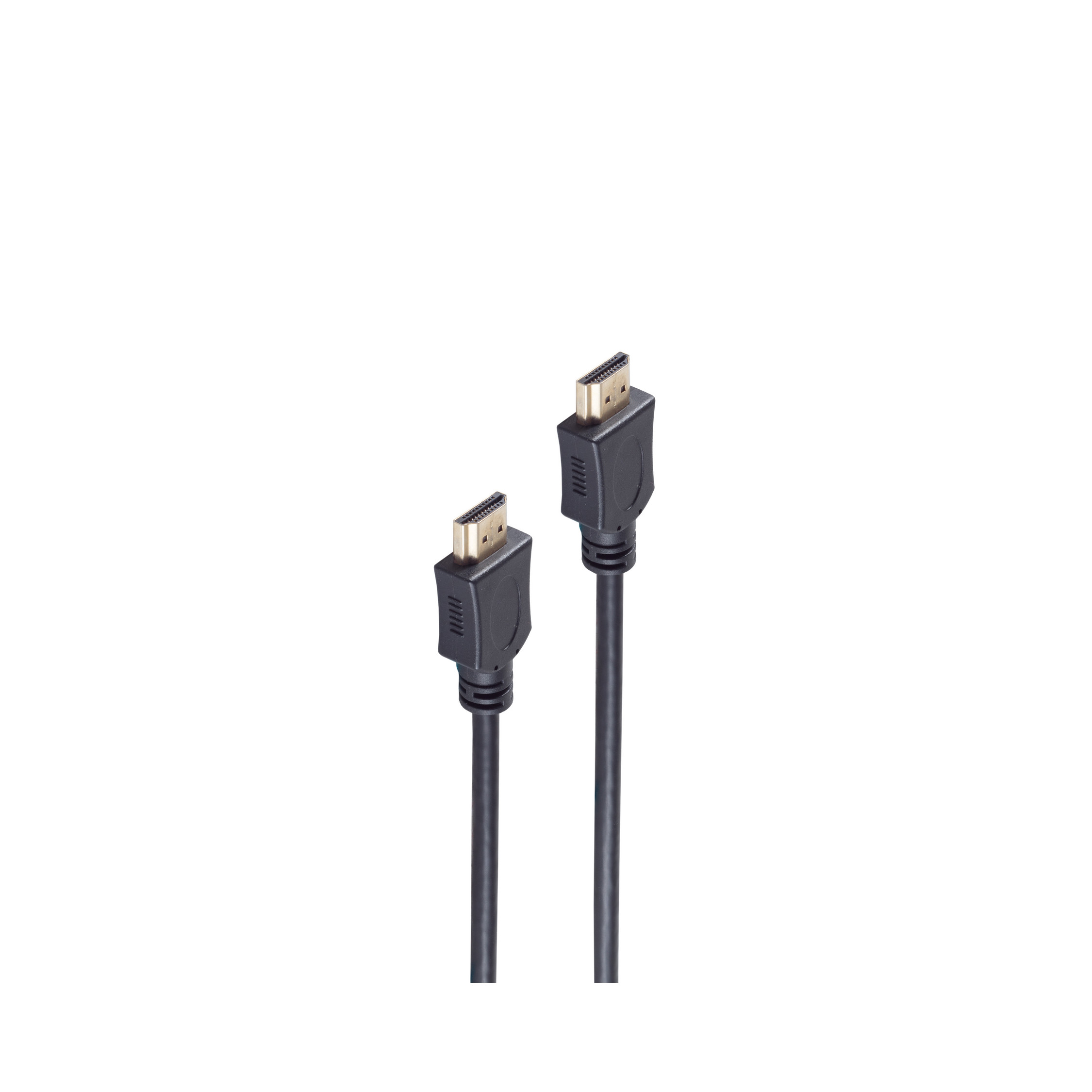 Zwei schwarze HDMI-Kabel mit Anschlüssen auf weißem Hintergrund.
