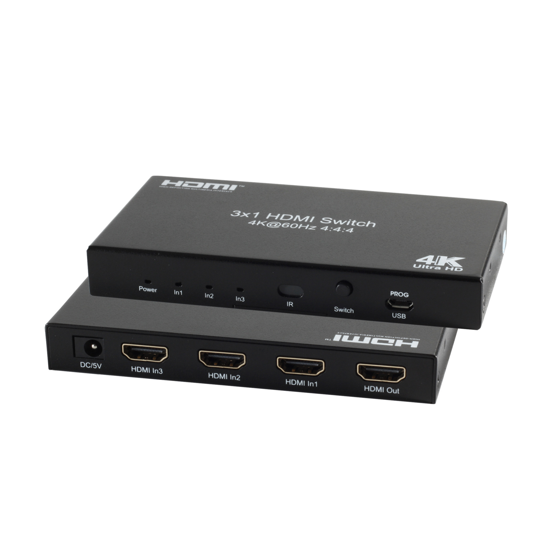 Zwei schwarze HDMI-Switch-Boxen sind gestapelt, mit Etiketten für Ein- und Ausgänge und Strom.